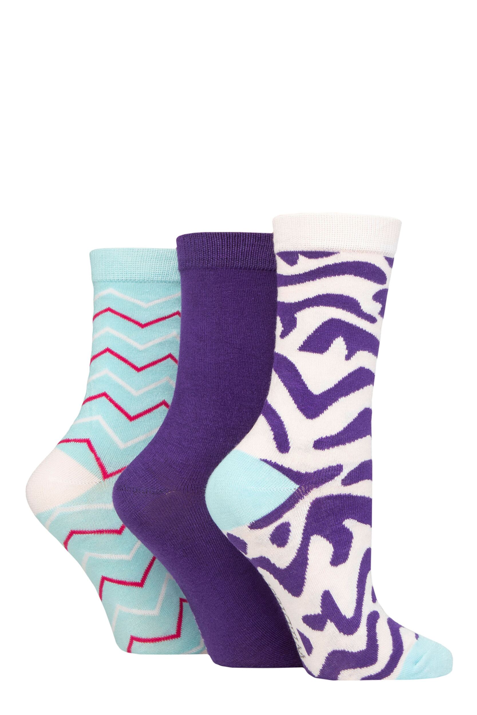 Image of Women's 3 Pair SOCKSHOP Wildfeet Patterned Bamboo Socks Animal Print Purple 4-8 Ladies