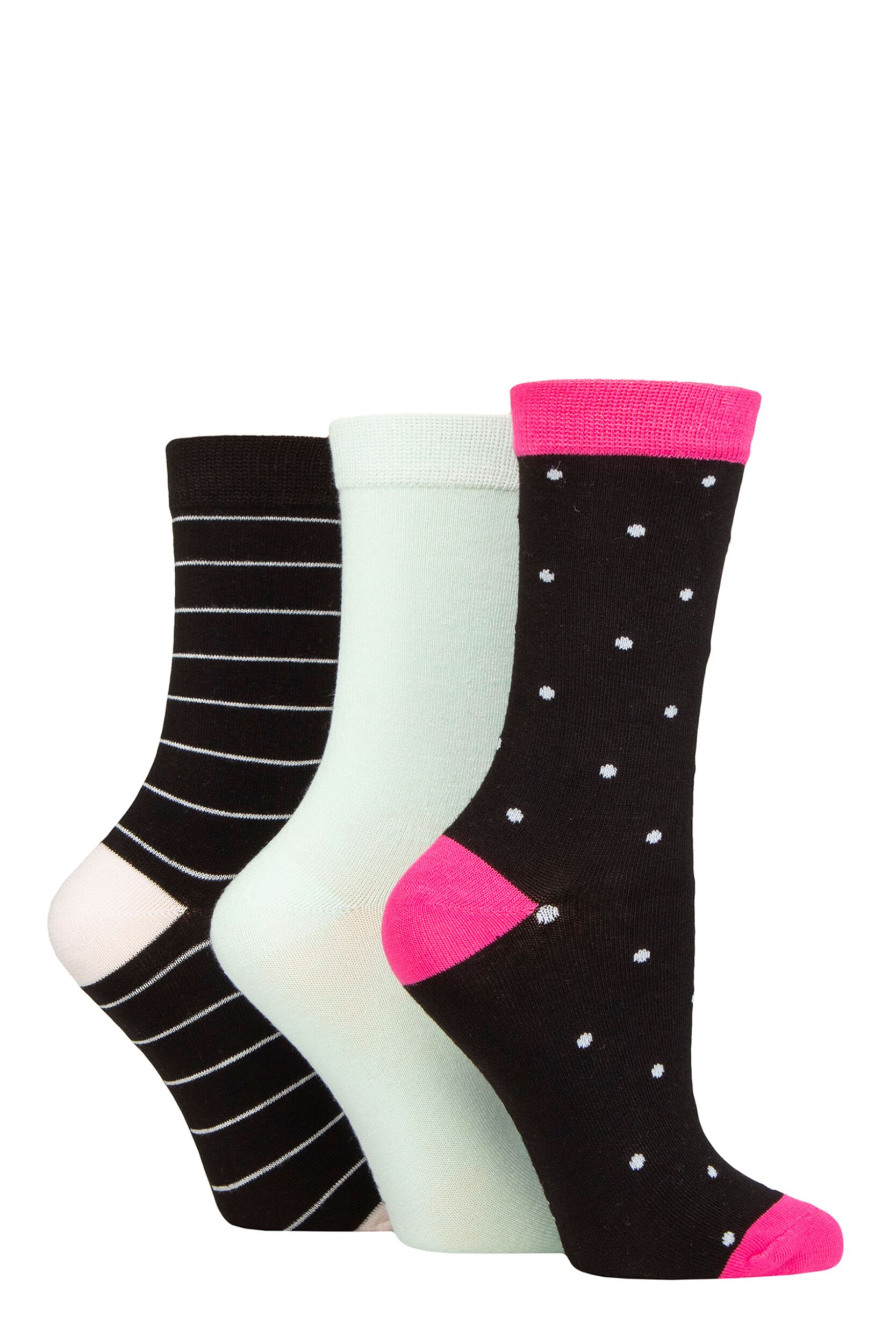 Image of Women's 3 Pair SOCKSHOP Wildfeet Patterned Bamboo Socks Polka Dot Black 4-8 Ladies