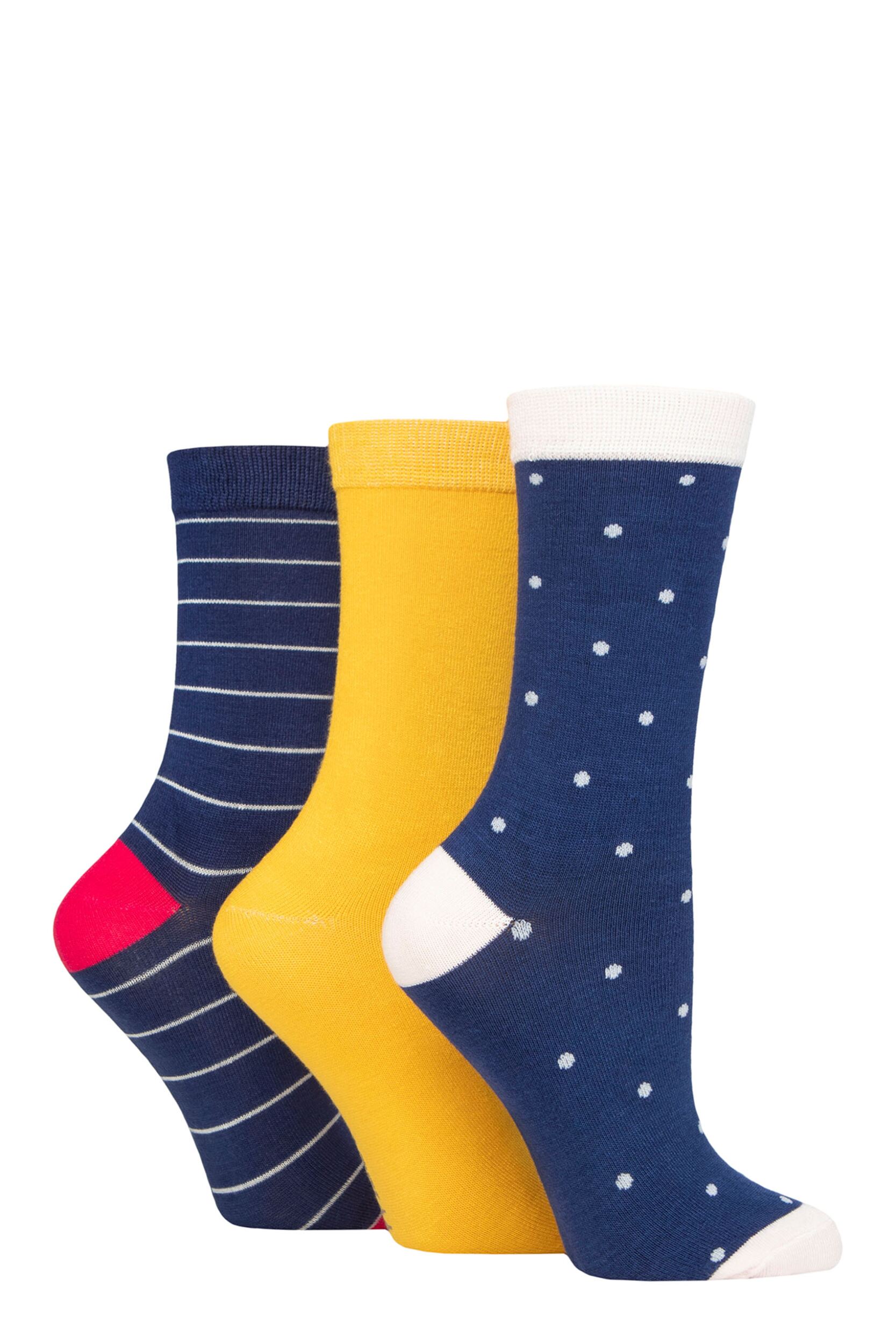 Image of Women's 3 Pair SOCKSHOP Wildfeet Patterned Bamboo Socks Polka Dot Navy 4-8 Ladies