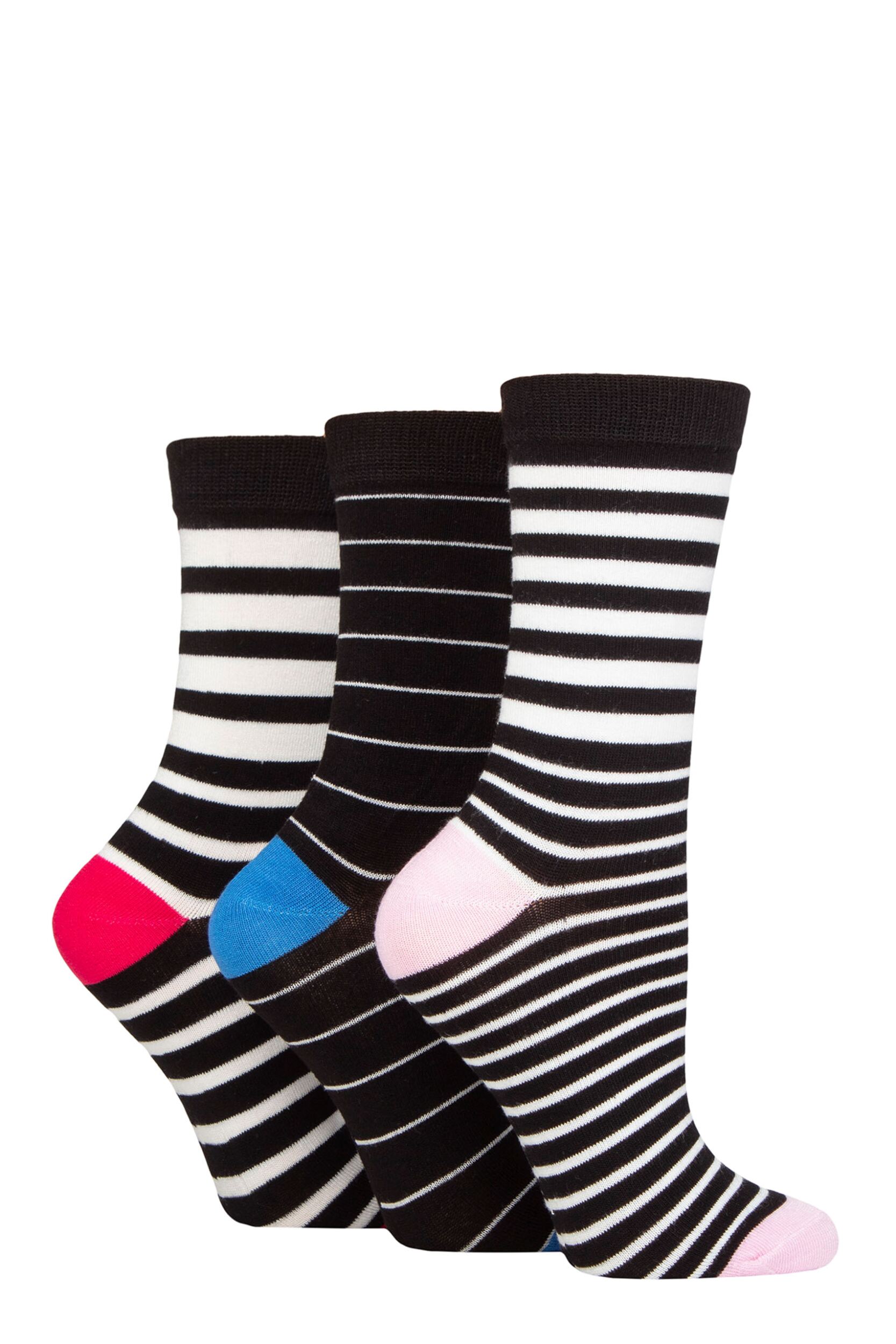 Women's 3 Pair SOCKSHOP Wildfeet Patterned Bamboo Socks Stripe Black 4-8 Ladies