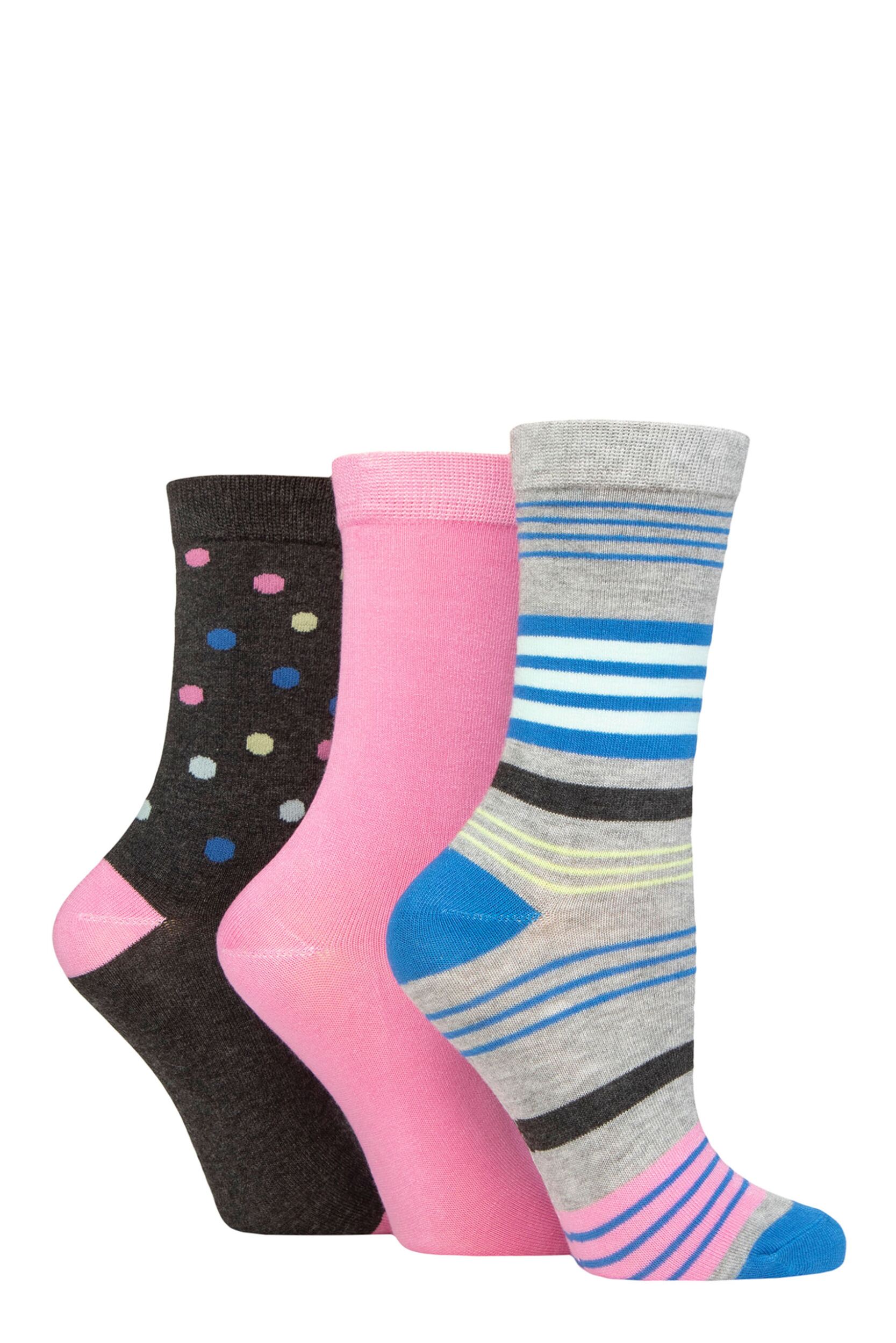 Image of Women's 3 Pair SOCKSHOP Wildfeet Patterned Bamboo Socks Multi Stripe Light Grey 4-8 Ladies