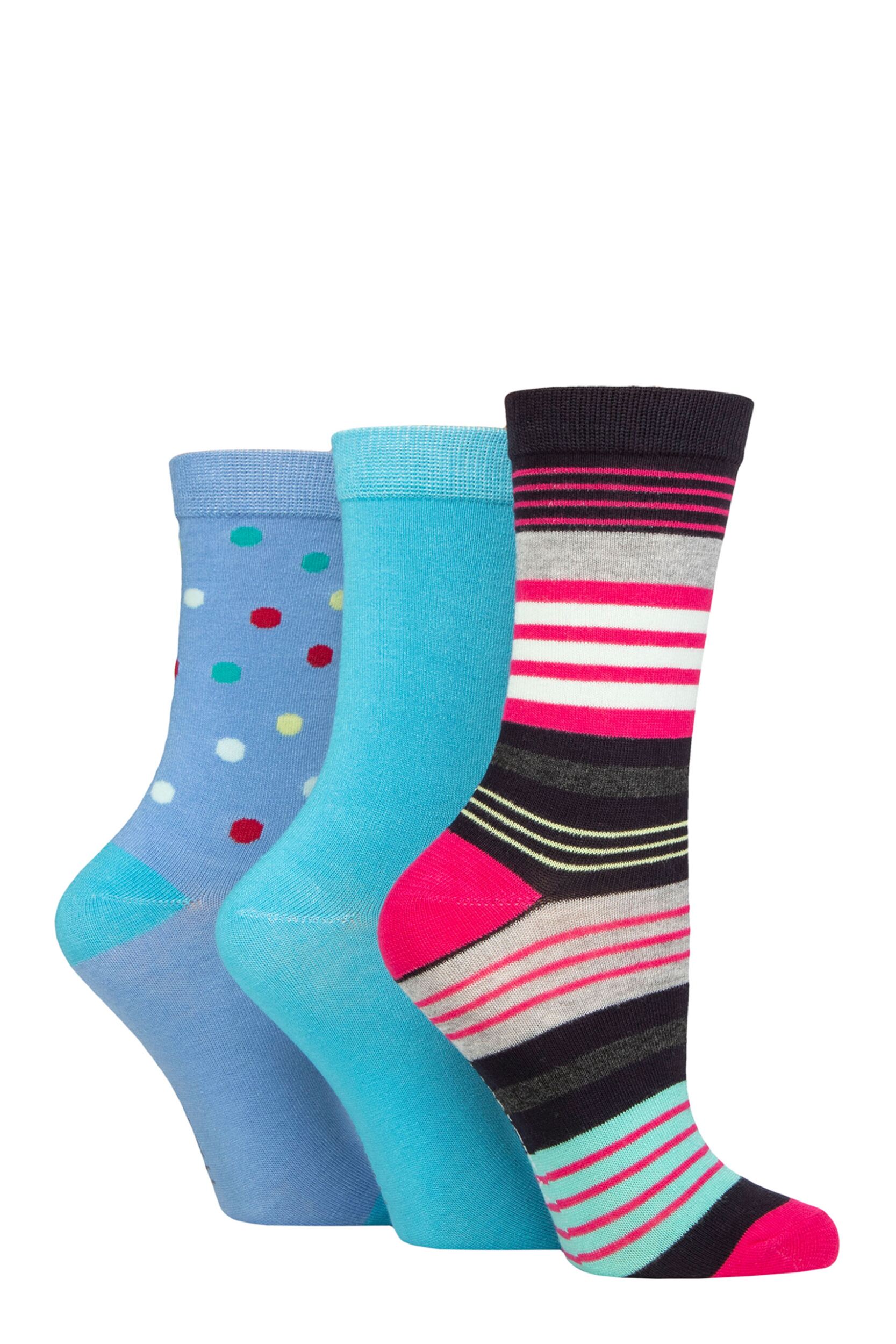 Women's 3 Pair SOCKSHOP Wildfeet Patterned Bamboo Socks Multi Stripe Navy 4-8 Ladies