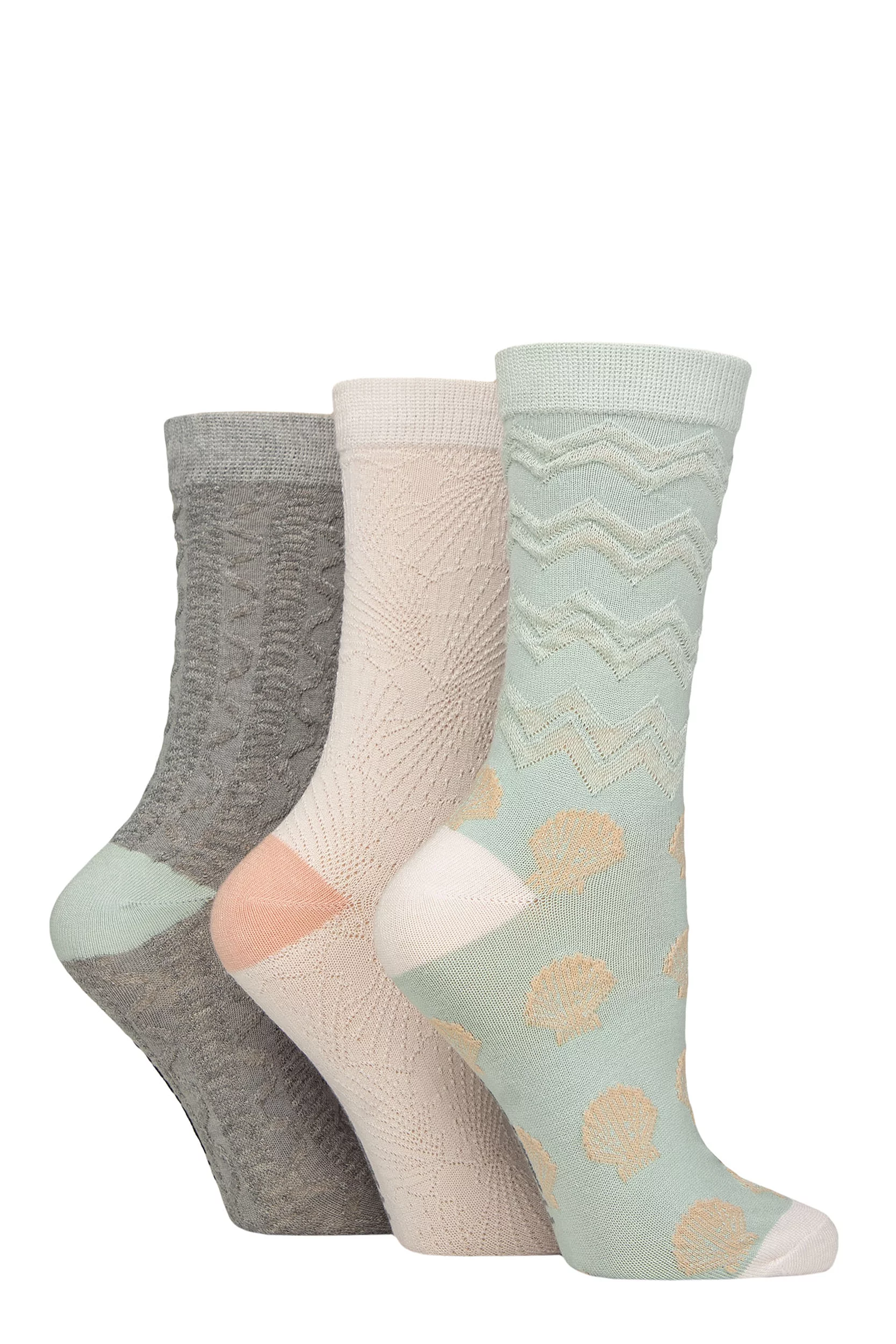 Women's 3 Pair SOCKSHOP Wildfeet Textured Bamboo Socks Mint / Coral / Grey 4