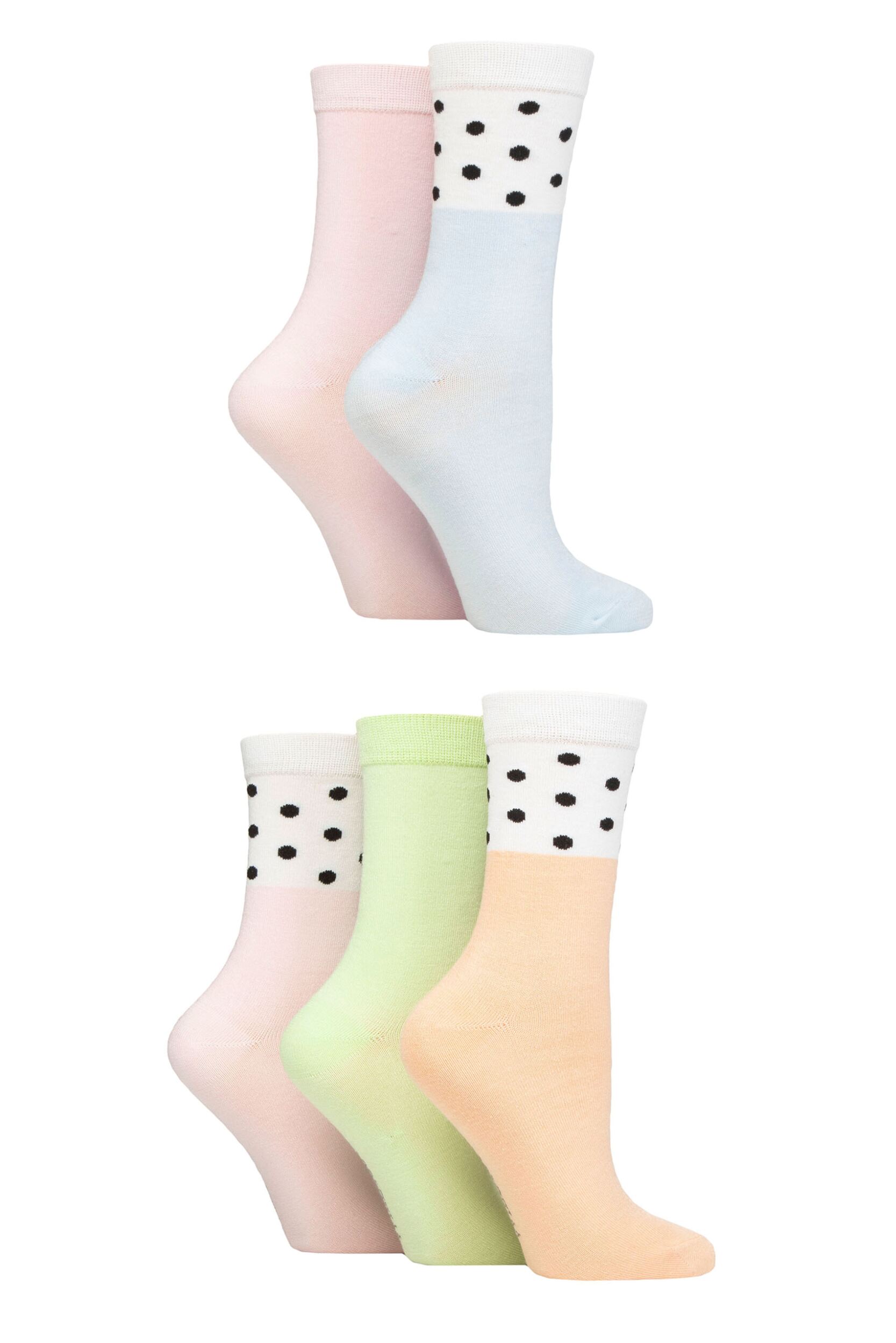 Women's 5 Pair SOCKSHOP Wildfeet Patterned Bamboo Socks Spots Blue / Pink / Peach 4-8