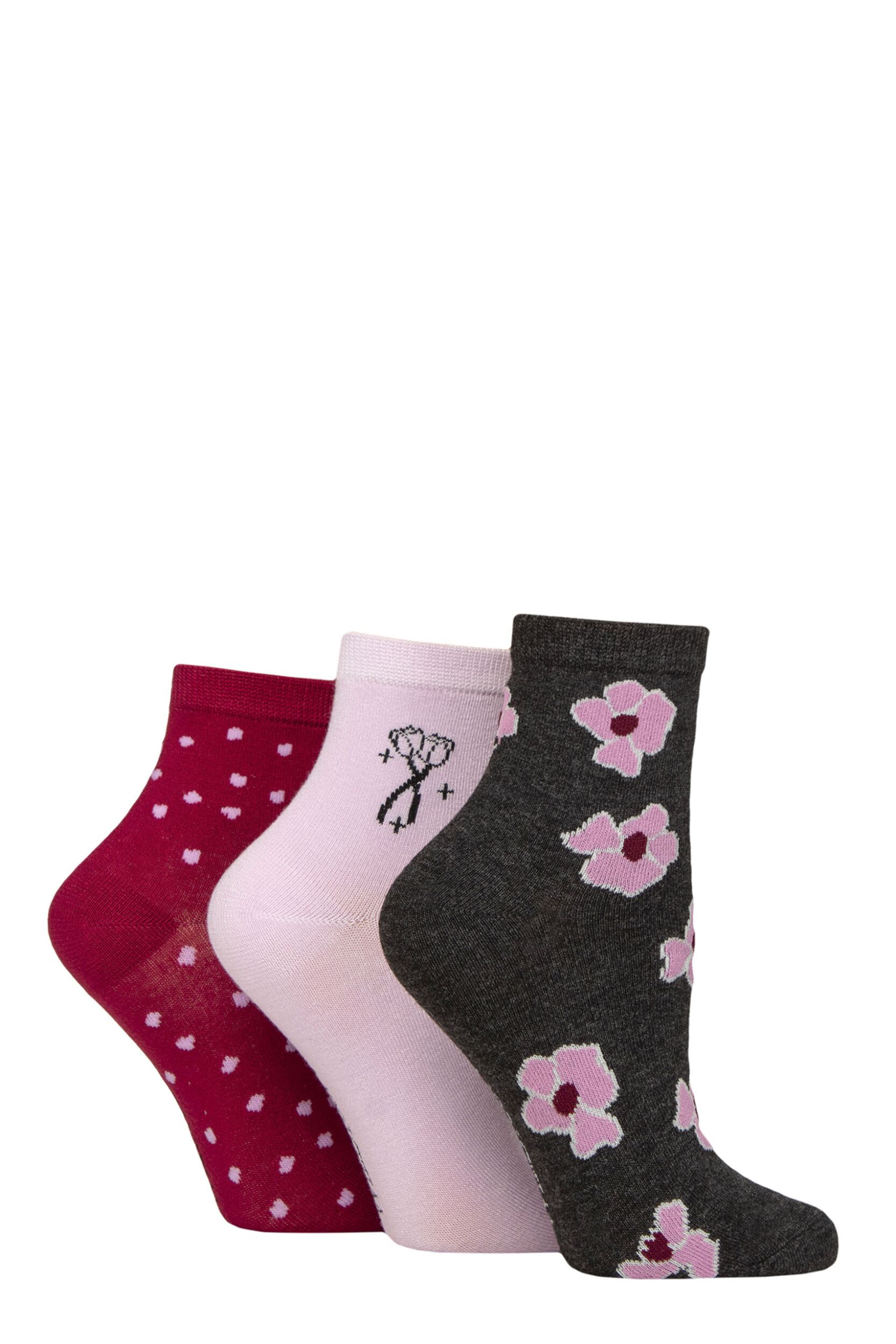 Women's 3 Pair SOCKSHOP Wildfeet Mid Length Bamboo Socks Flowers and Spots 4-8