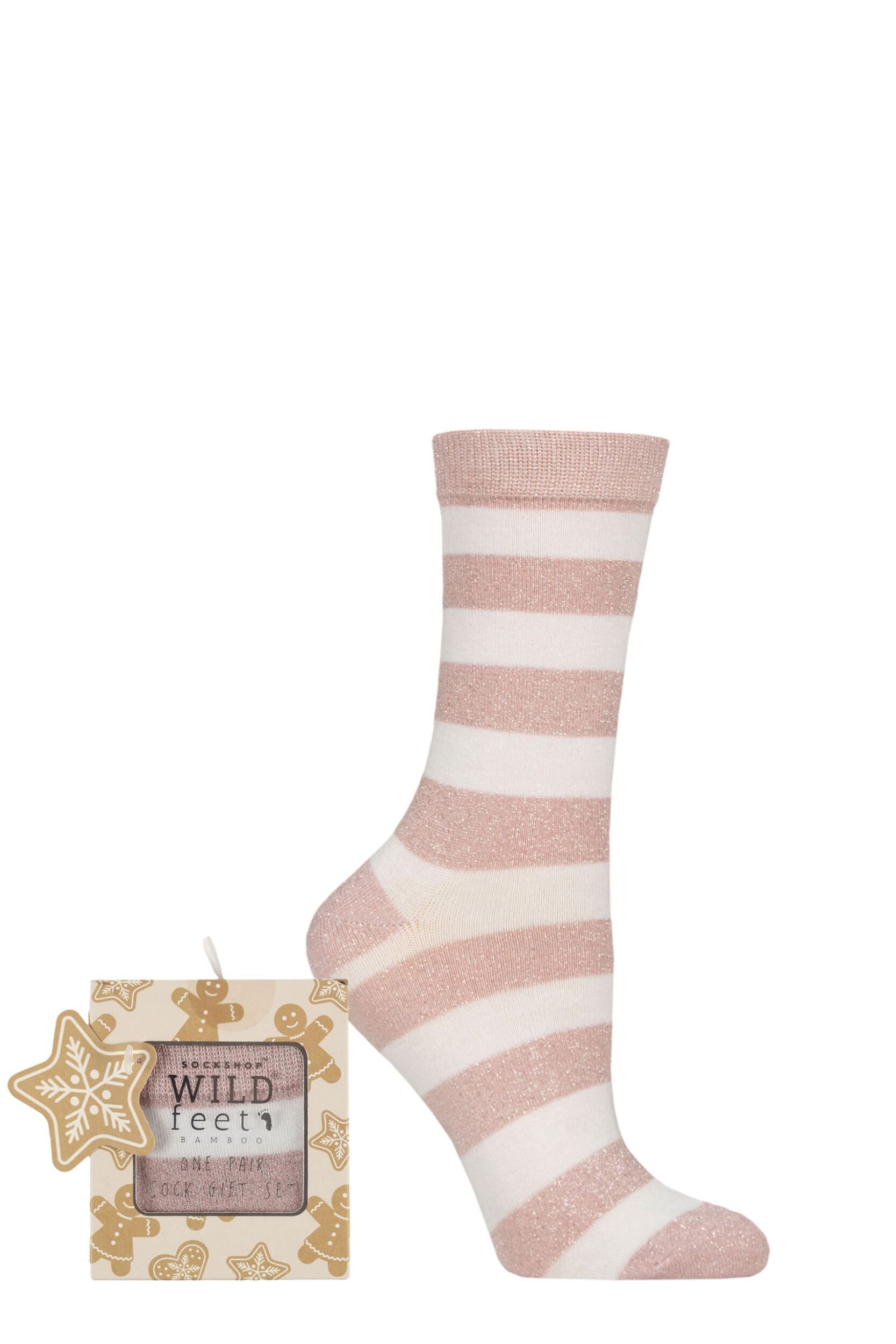 Women's 1 Pair SOCKSHOP Wildfeet Bamboo Christmas Gift Boxed Socks Pink / White Stripe 4-8