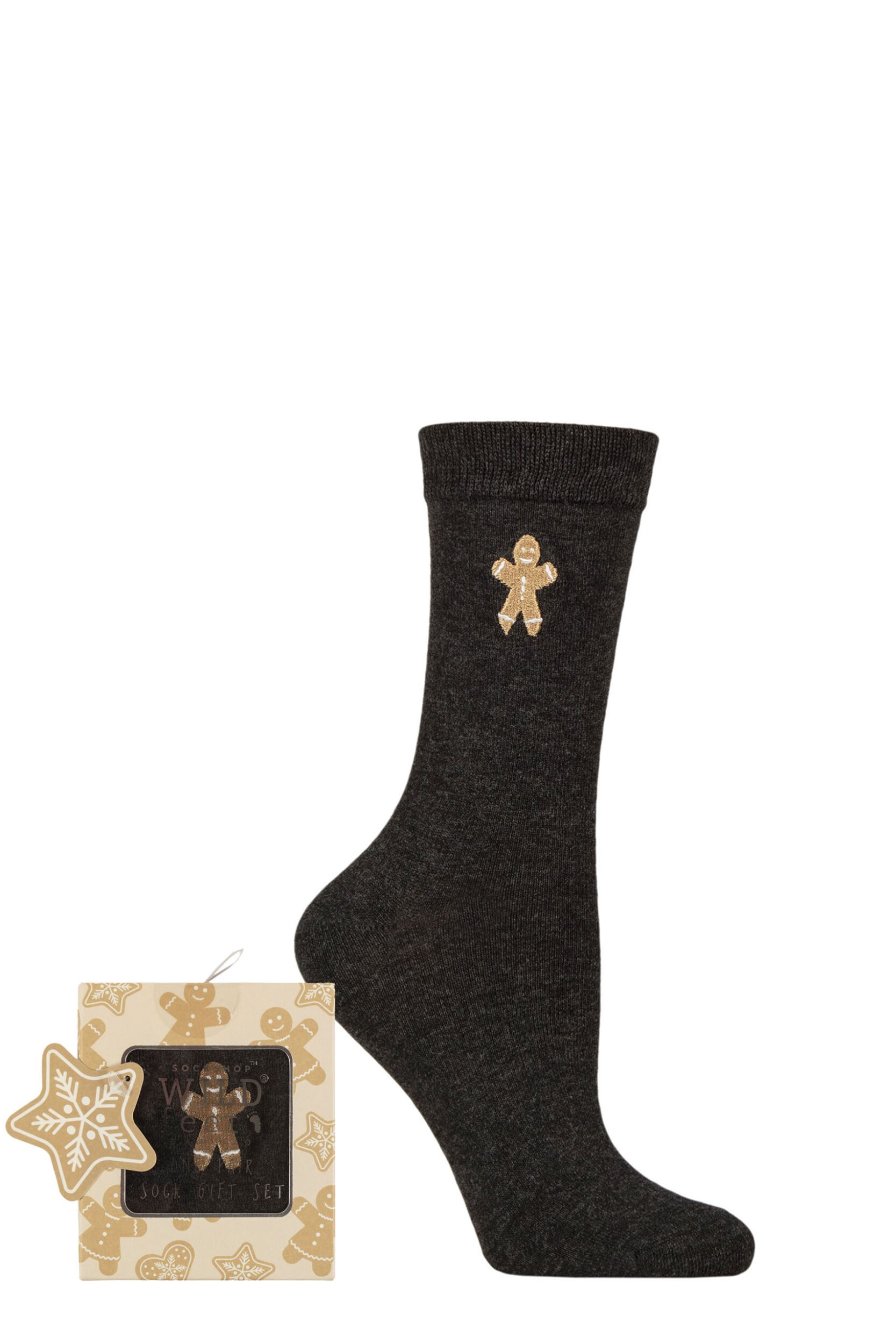 Women's 1 Pair SOCKSHOP Wildfeet Bamboo Christmas Gift Boxed Socks Charcoal Gingerbread Man 4-8
