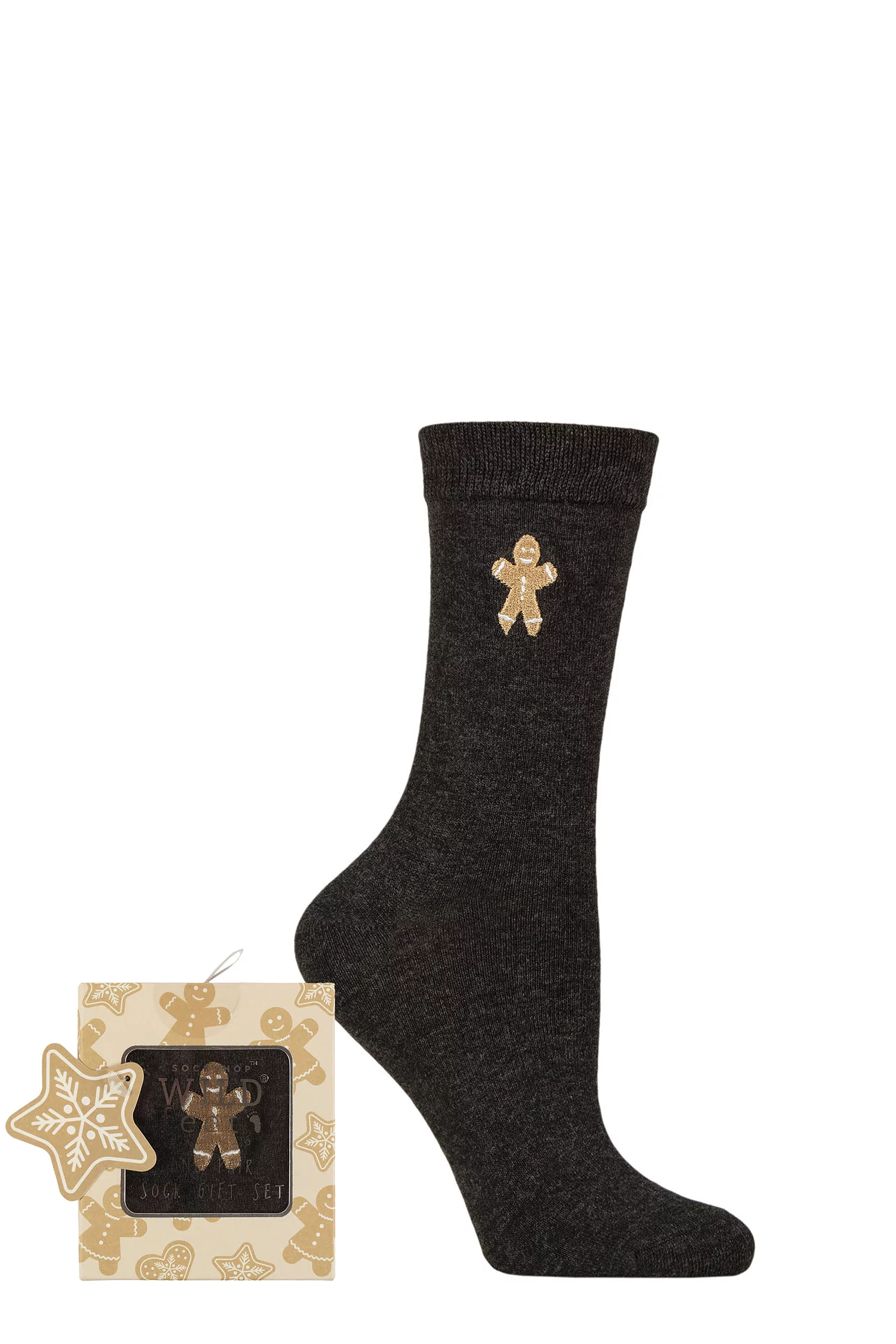 Women's 1 Pair SOCKSHOP Wildfeet Bamboo Christmas Gift Boxed Socks Charcoal Gingerbread Man 4