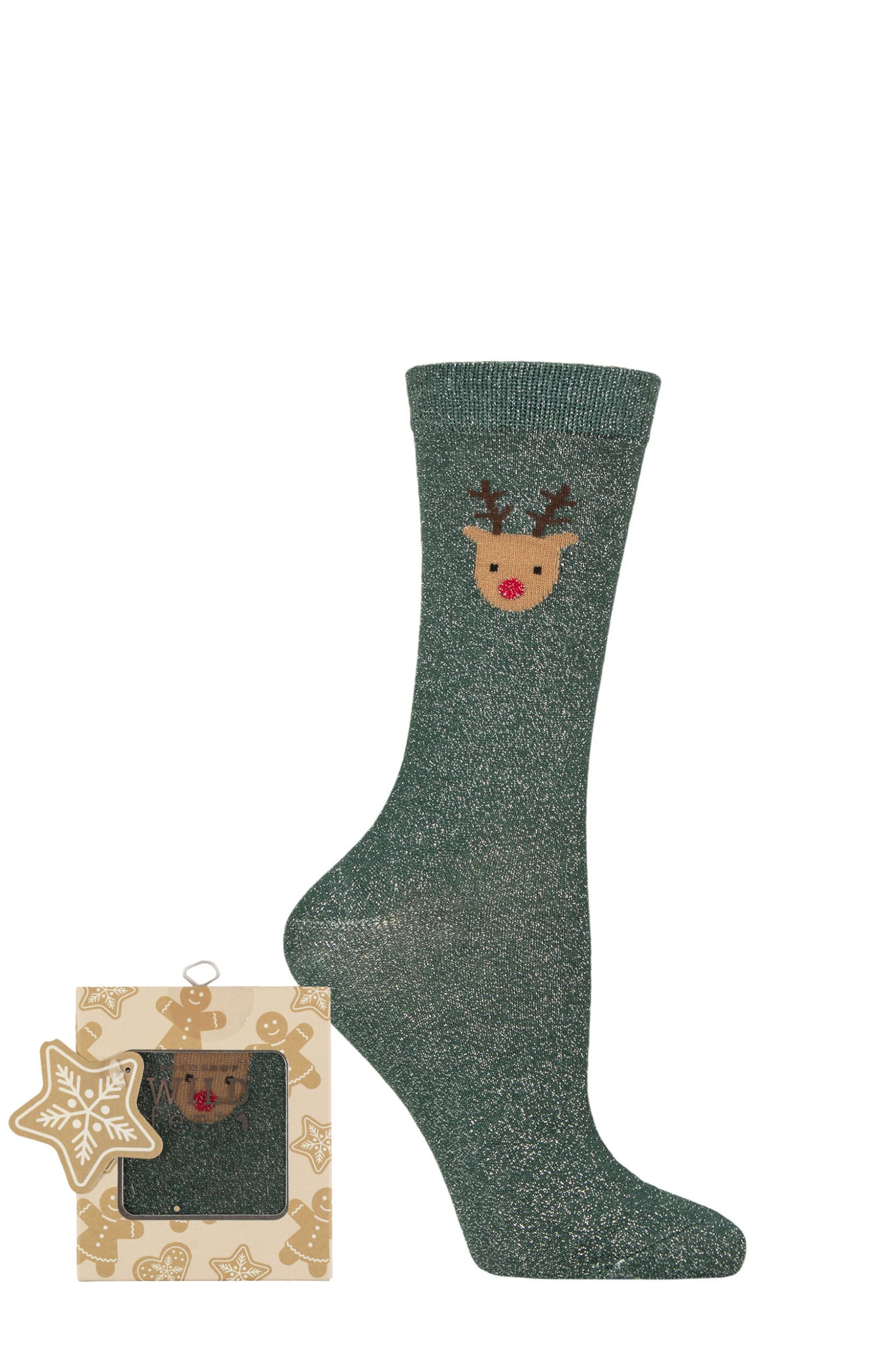 Women's 1 Pair SOCKSHOP Wildfeet Bamboo Christmas Gift Boxed Socks Green Rudolph 4-8