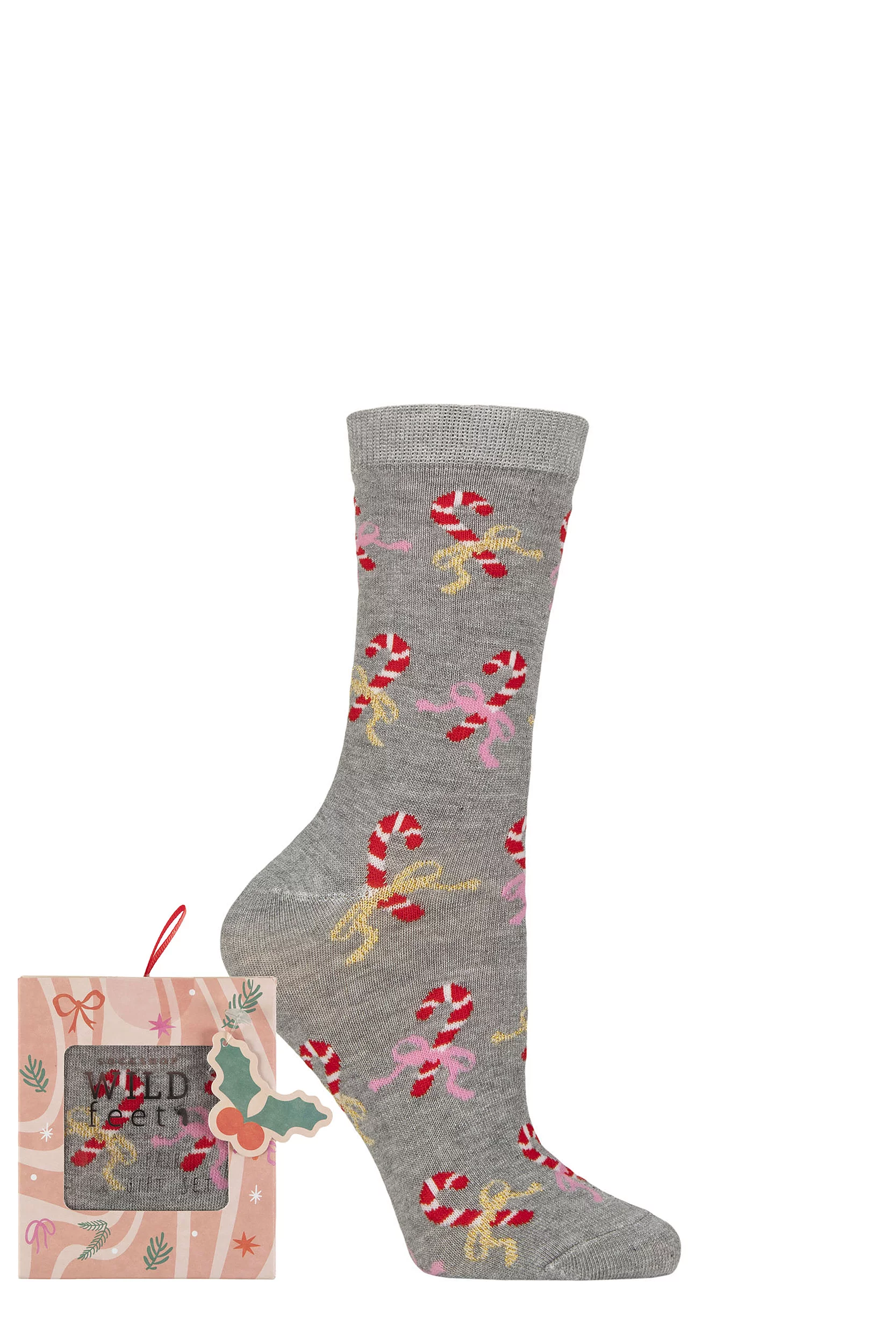 Women's 1 Pair SOCKSHOP Wildfeet Bamboo Christmas Gift Boxed Socks Grey / Candy Bows 4