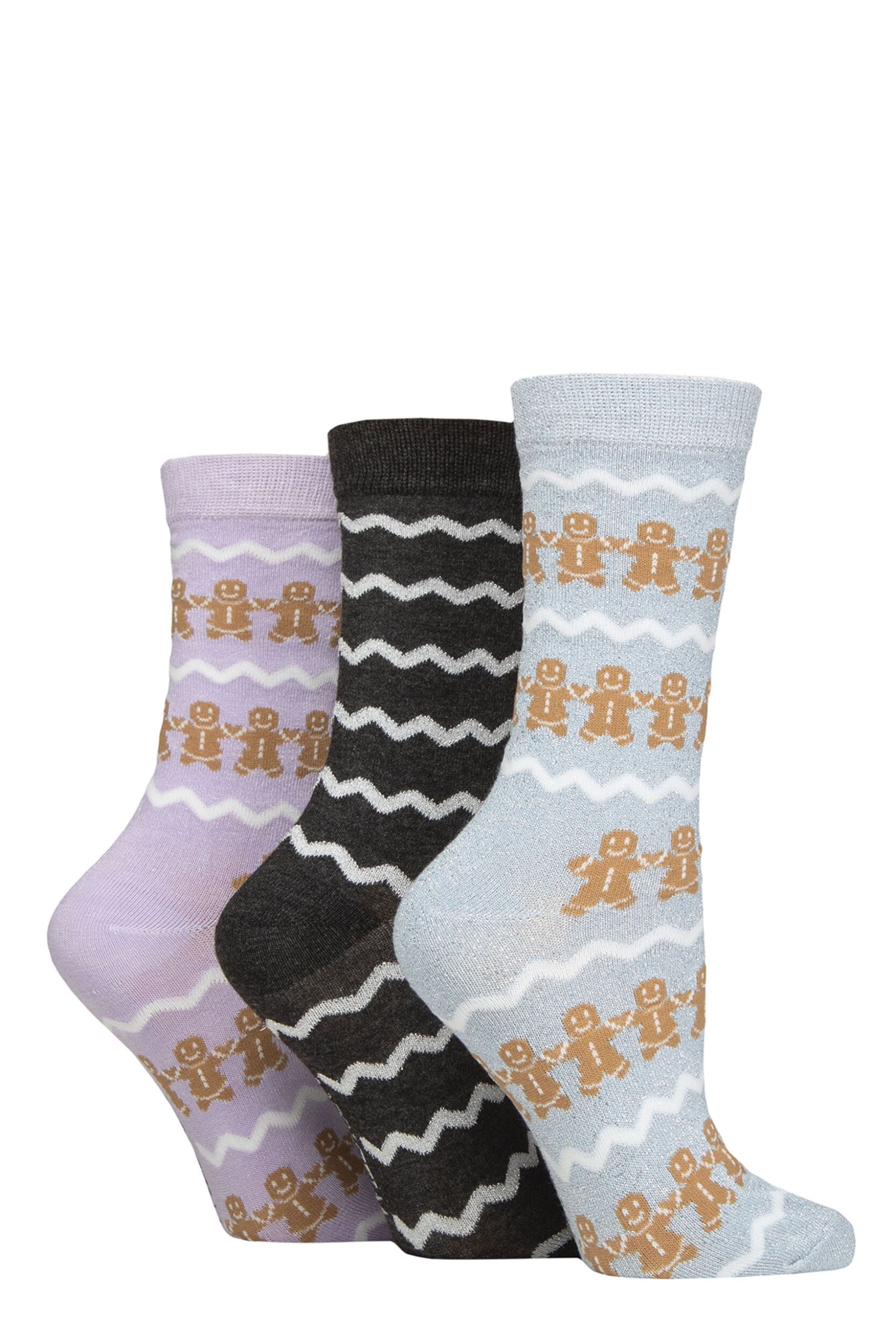 Image of Women's 3 Pair SOCKSHOP Wildfeet Christmas Sparkle Patterned Bamboo Socks Gingerbread 4-8