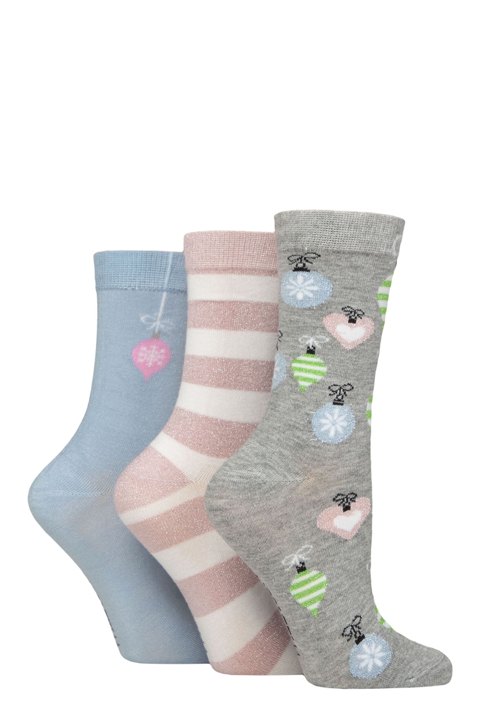 Women's 3 Pair SOCKSHOP Wildfeet Christmas Sparkle Patterned Bamboo Socks Baubles / Stripes 4-8