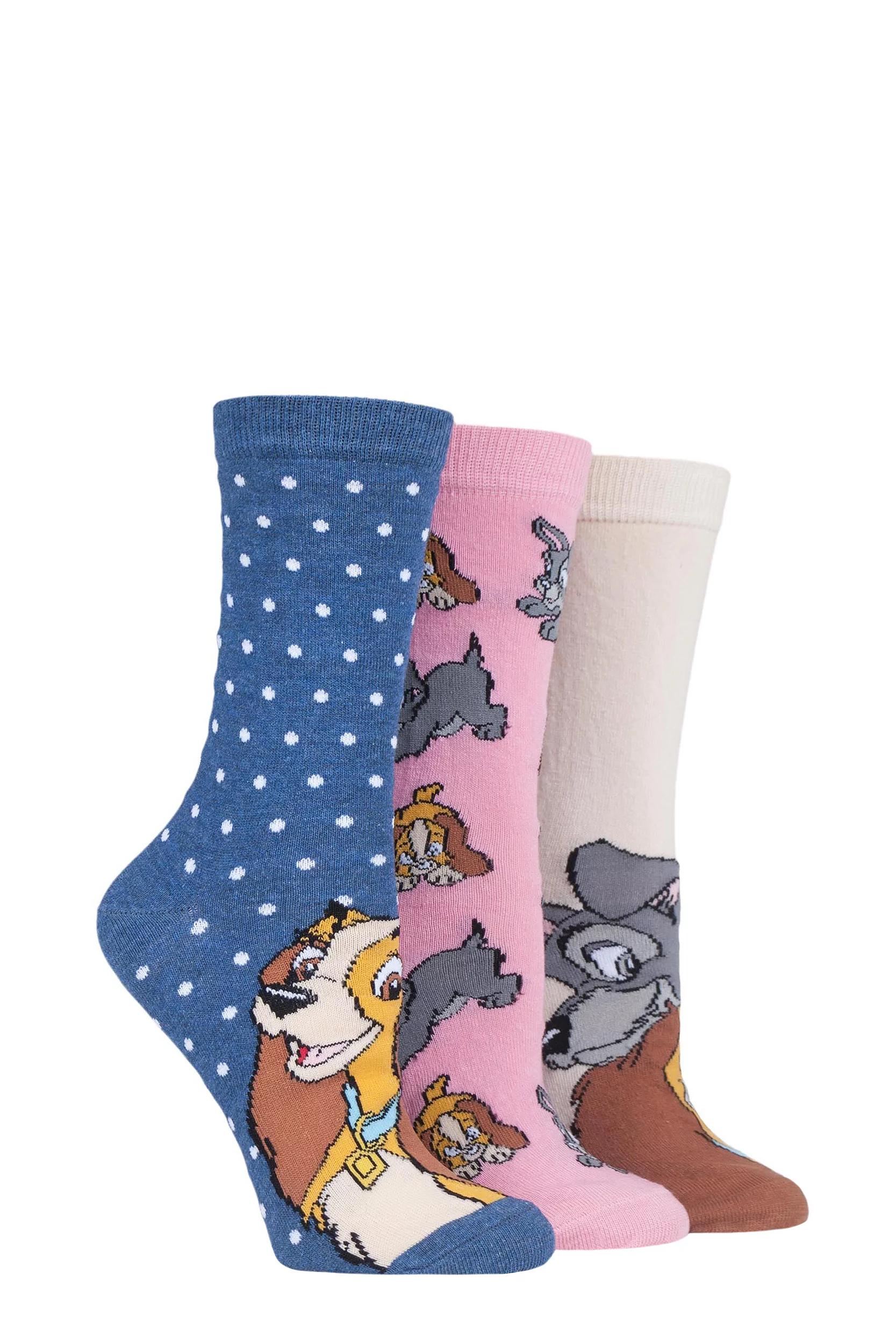 3 Pair Assorted Disney The Lady and the Tramp Cotton Socks Ladies 4-8 Ladies - Film & TV Characters