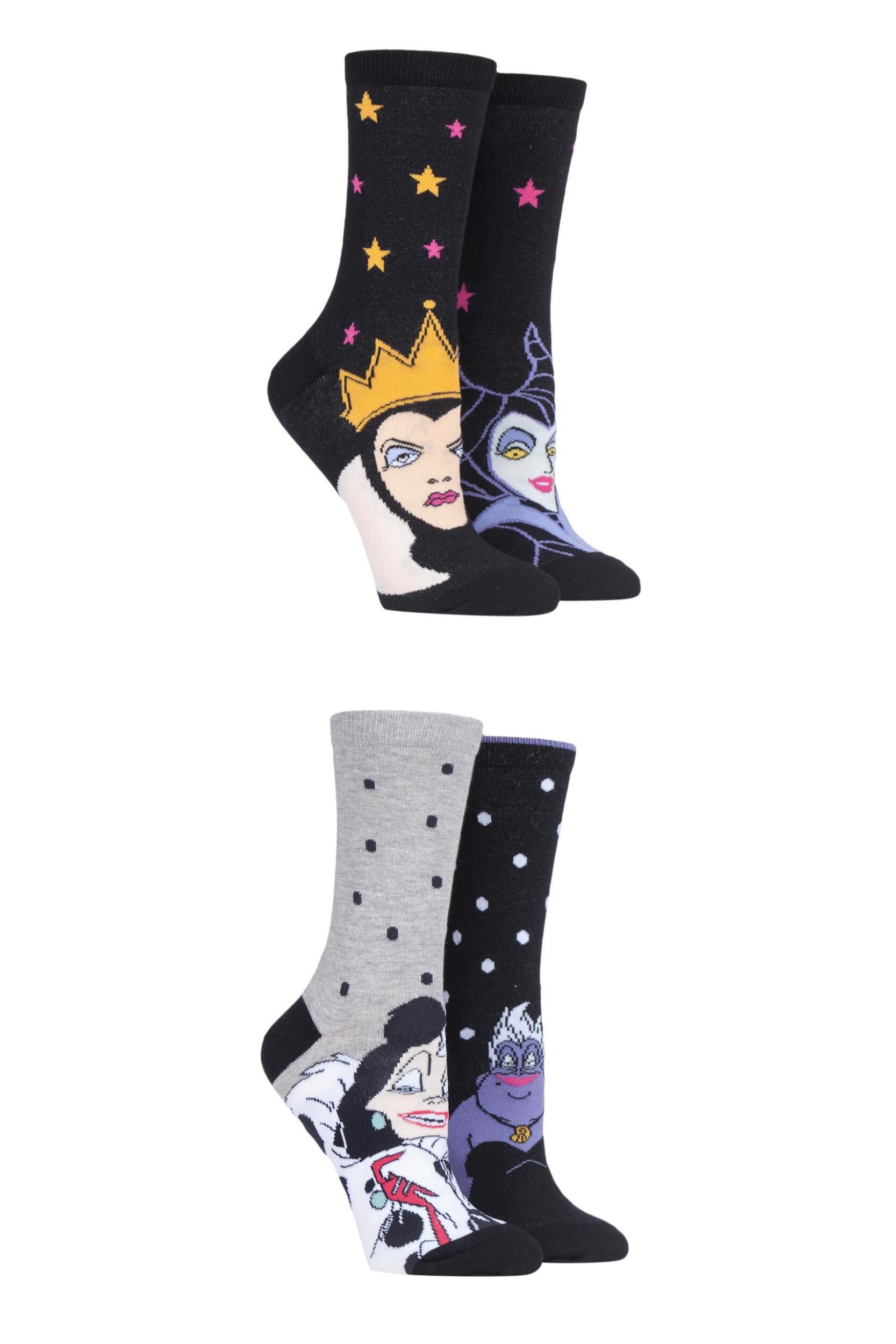 4 Pair Assorted Disney Villains Ursula, Evil Queen, Maleficent and Cruella De Vil Socks Ladies 4-8 Ladies - Film & TV Characters