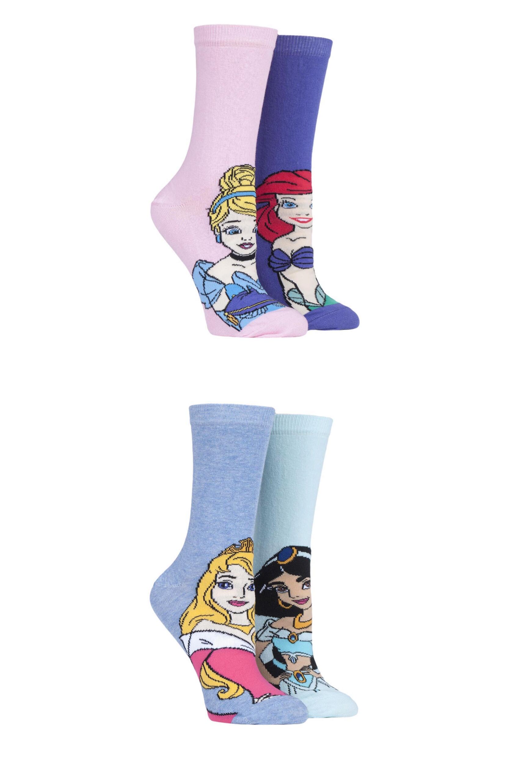 4 Pair Assorted Disney Princesses Sleeping Beauty, Cinderella, Jasmine and Ariel Socks Ladies 4-8 Ladies - Film & TV Characters