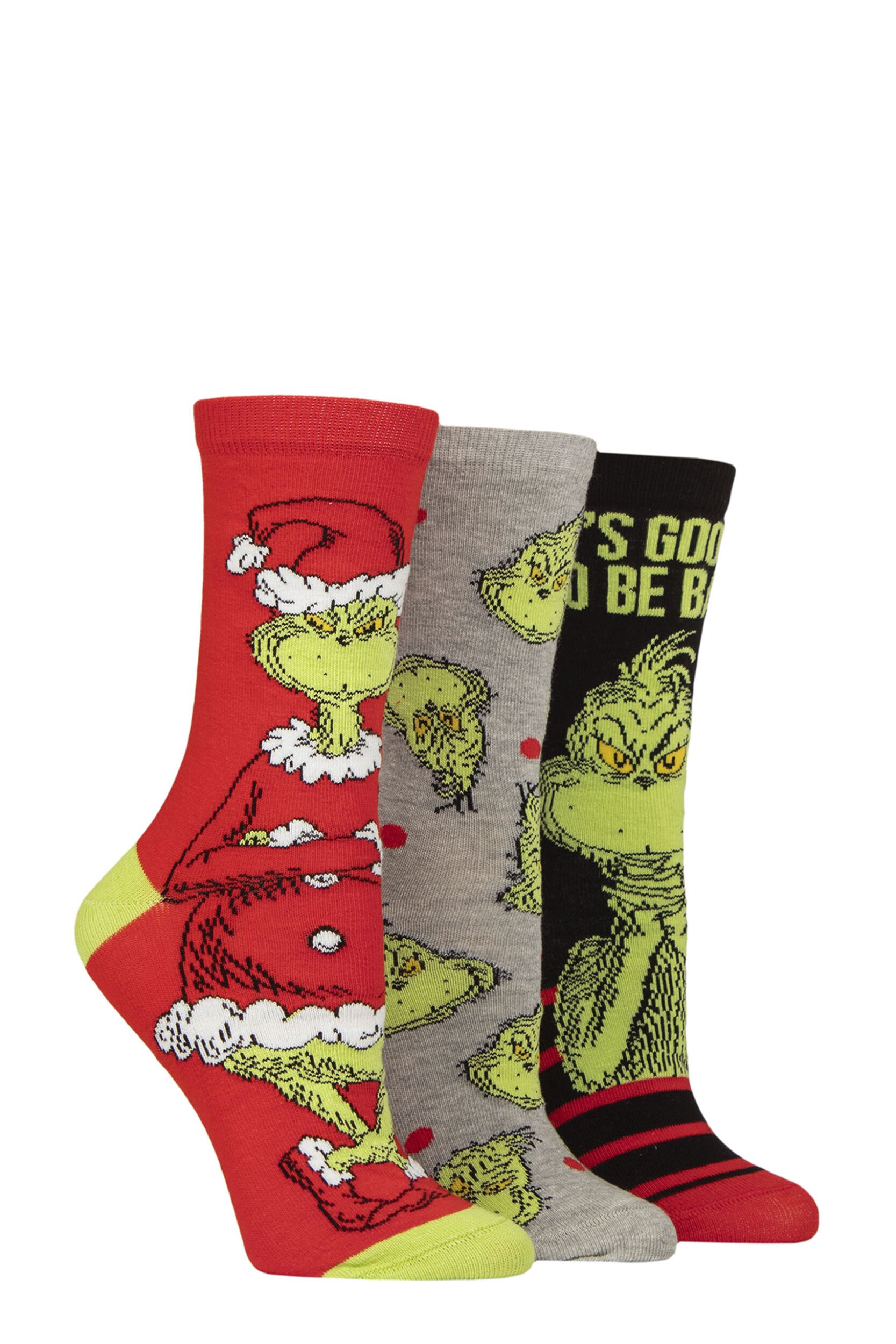 Mens and Women's 3 Pair SOCKSHOP Grinch Cotton Socks Assorted 4-8 Ladies
