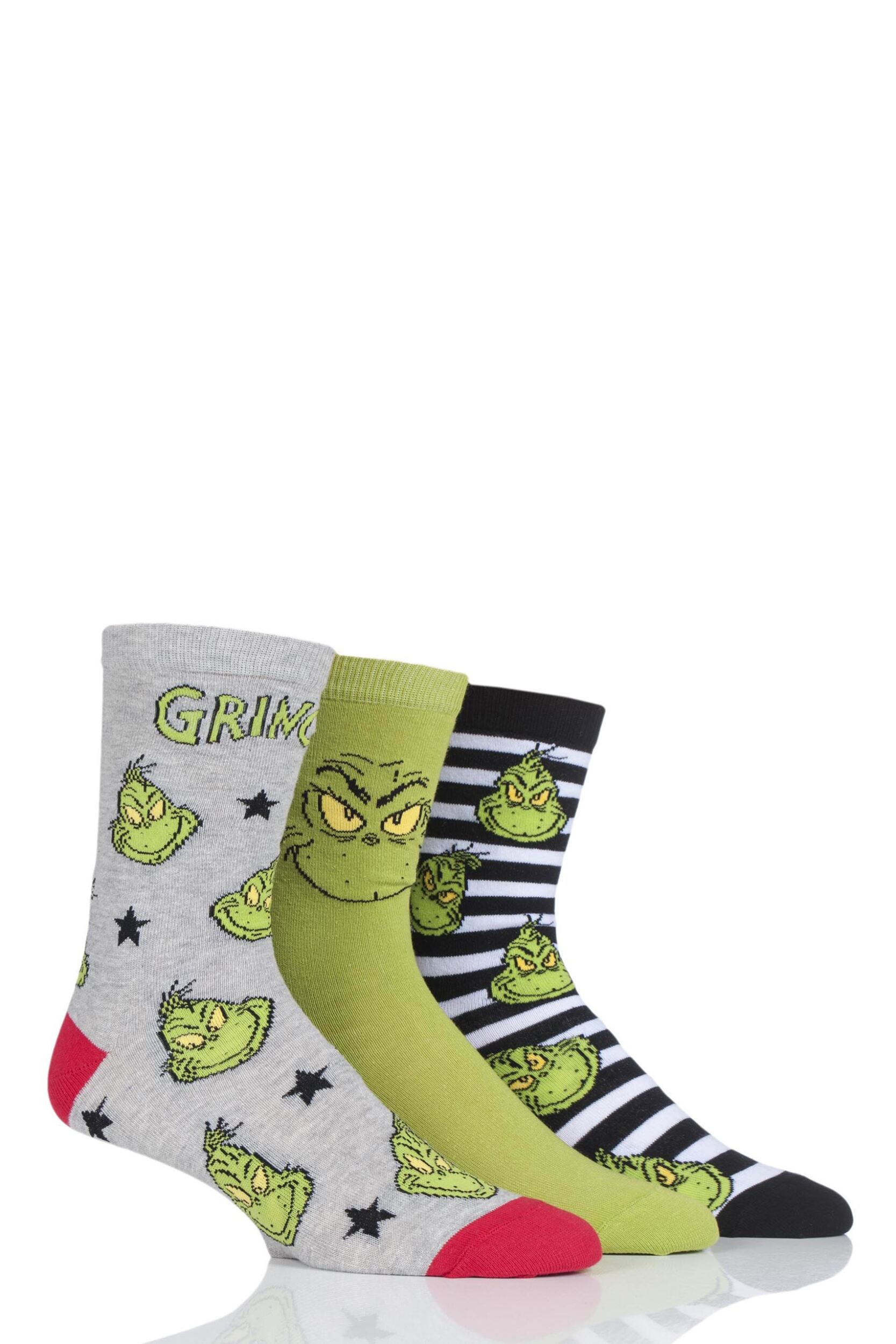 3 Pair Assorted Grinch Cotton Socks Unisex 11-13 Mens - Film & TV Characters
