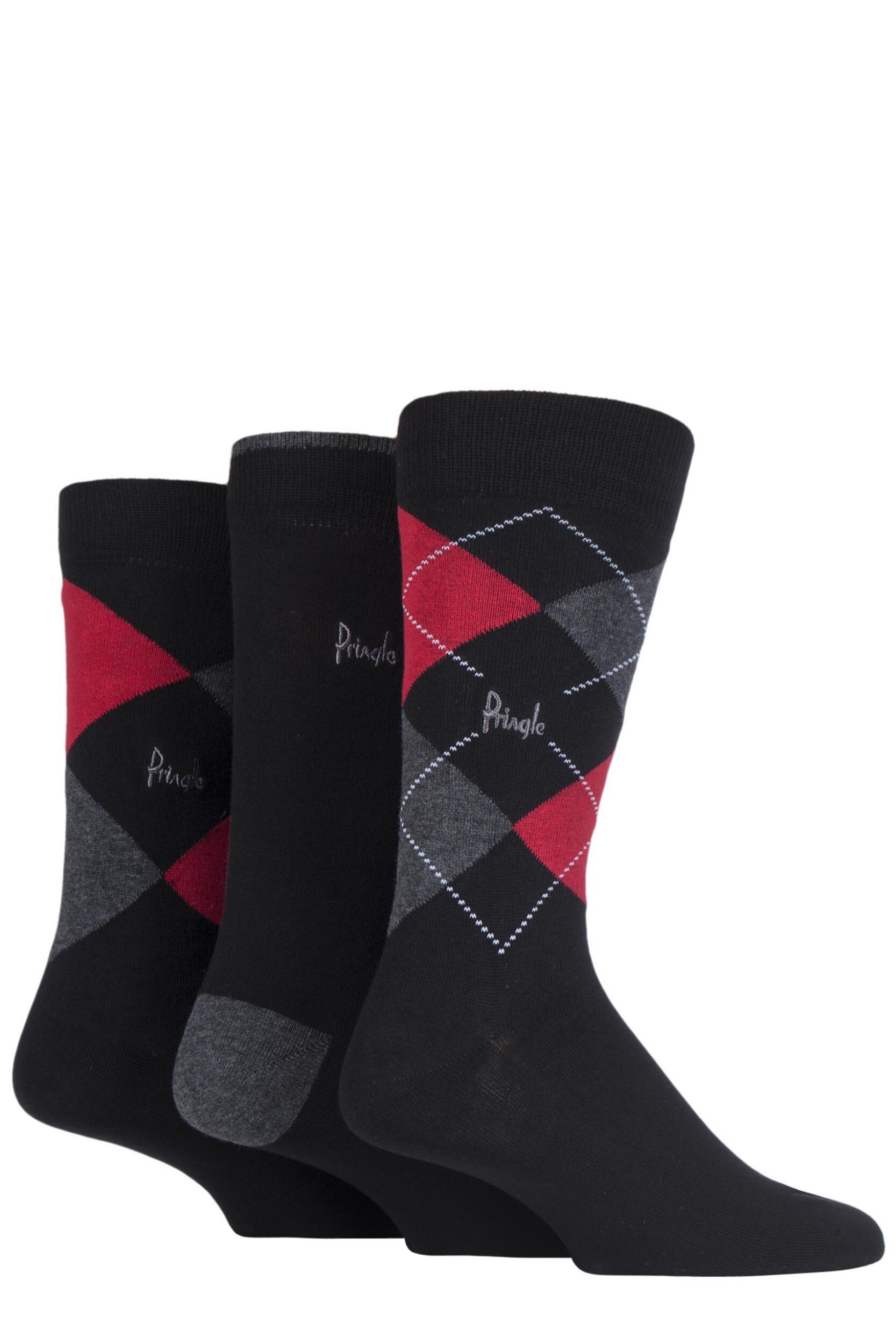 3 Pair Black / Red / Grey New Waverley Argyle Patterned and Plain Socks Men's 7-11 Mens - Pringle