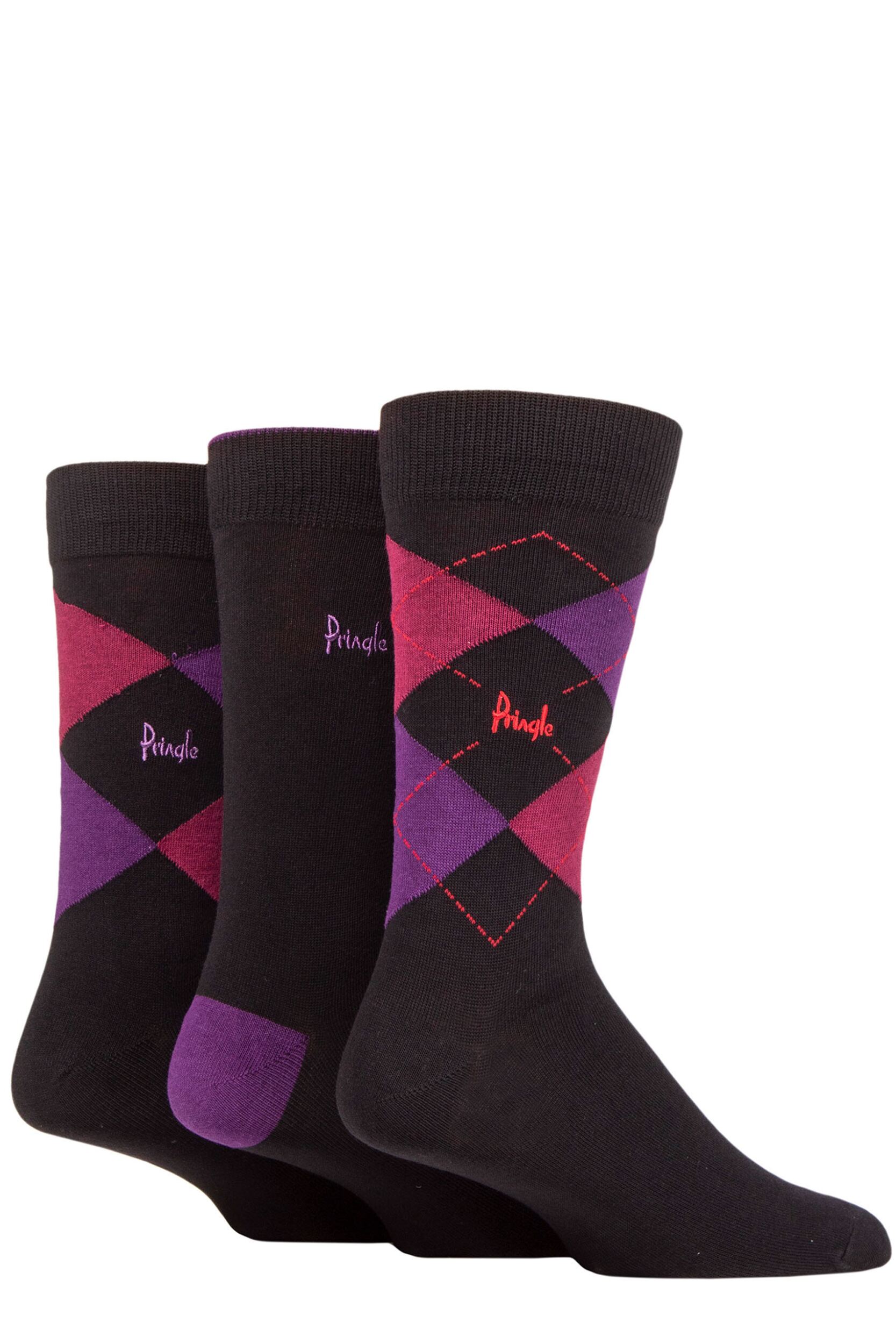 Mens 3 Pair Pringle Bamboo Cotton Blend Argyle Socks Black / Pink / Purple 7-11