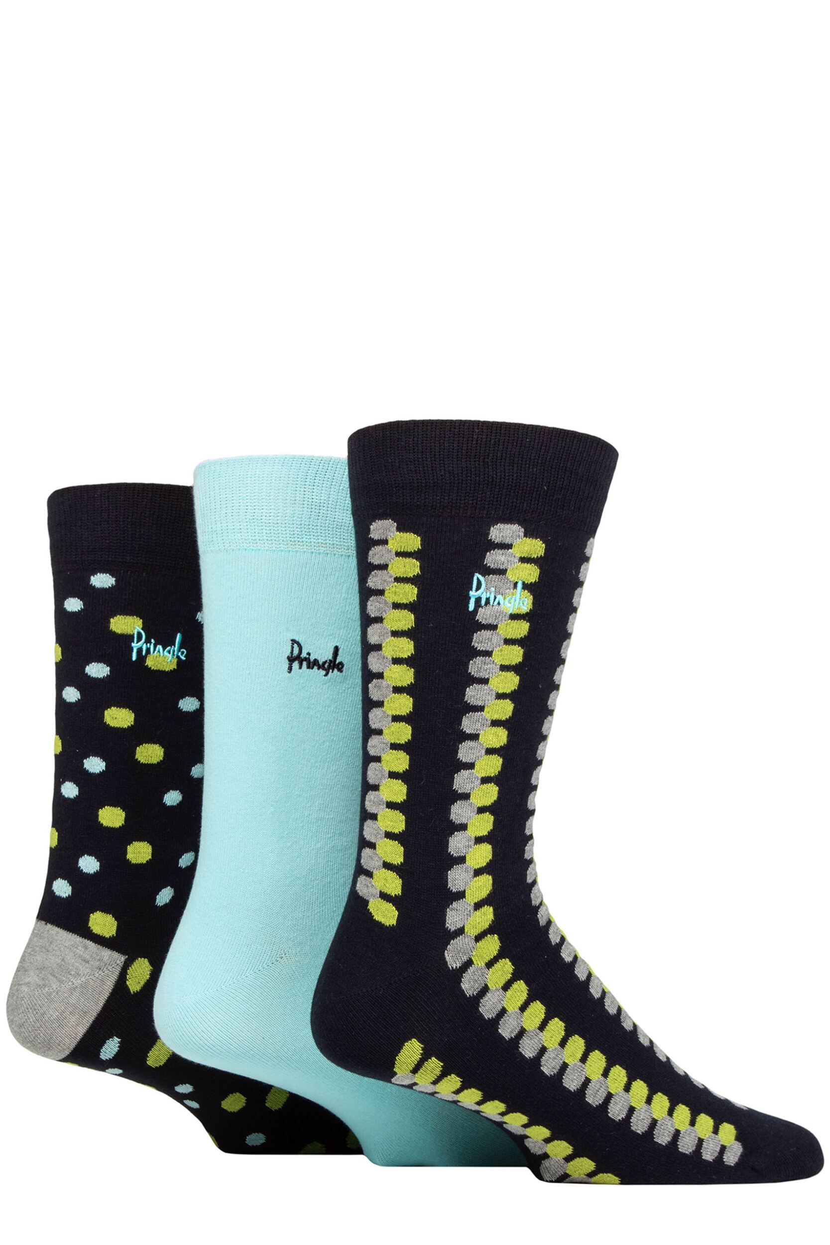 Mens 3 Pair Pringle Cotton and Recycled Polyester Patterned Socks Spotted Lines Navy 7-11 Mens