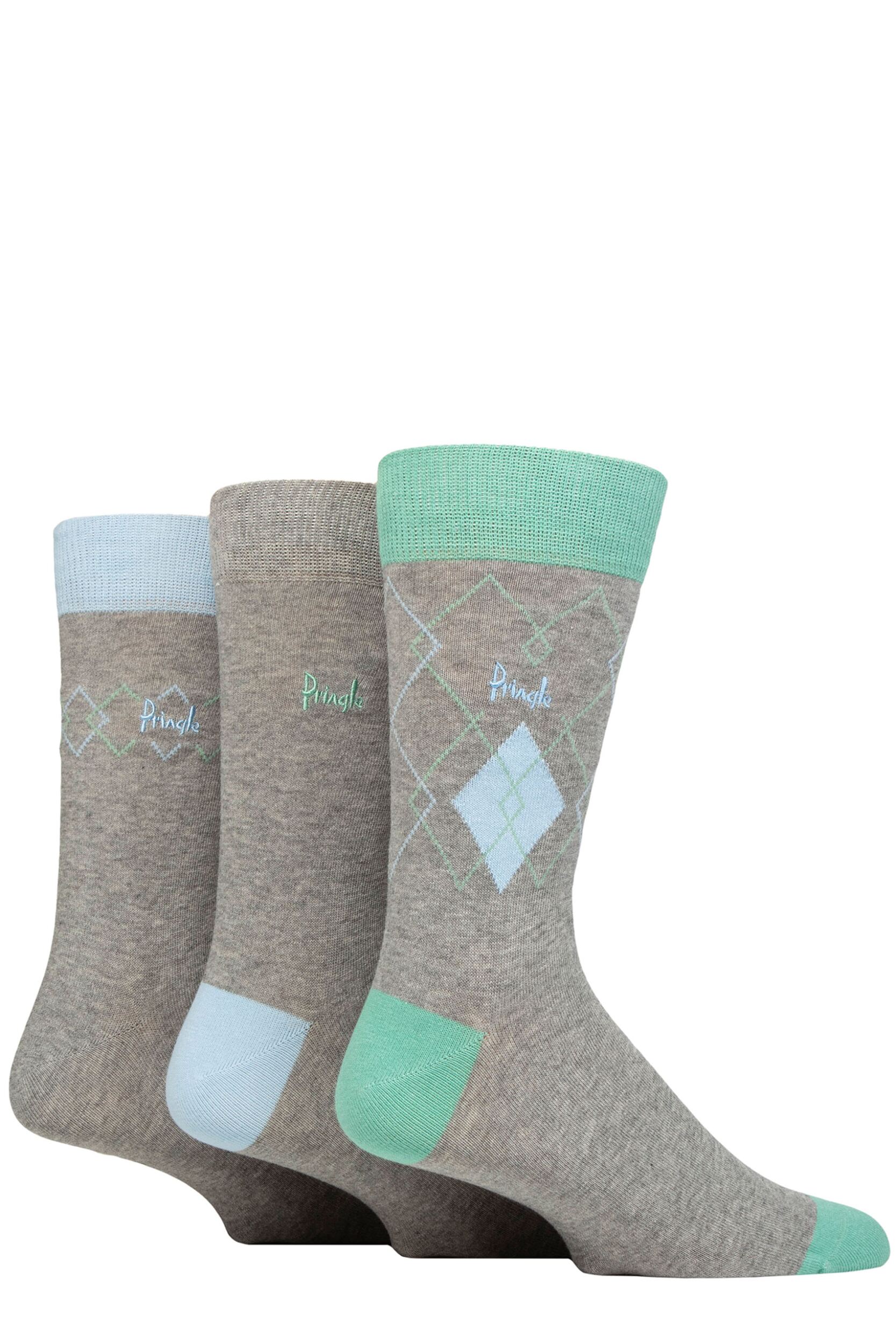 Mens 3 Pair Pringle Cotton and Recycled Polyester Patterned Socks Diamonds Light Grey 7-11 Mens