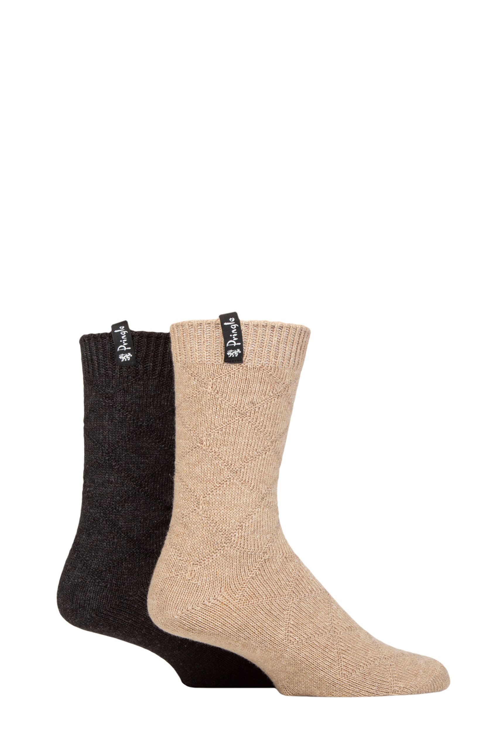 Mens 2 Pair Pringle Recycled Wool Boot Socks Diamond Beige / Charcoal 7-11 Mens