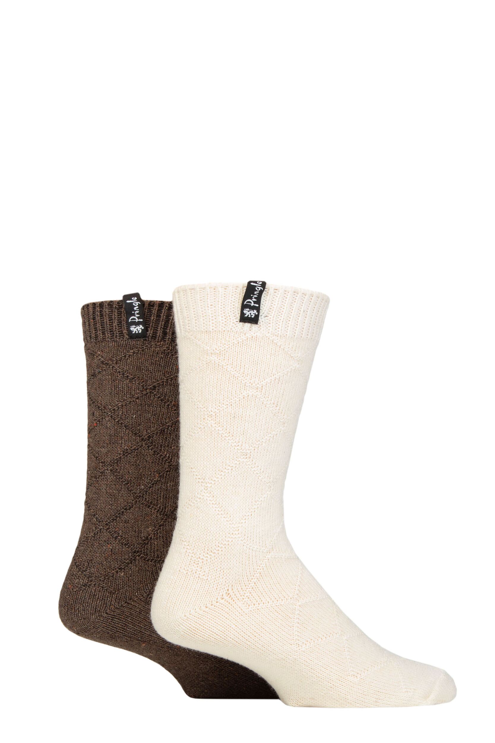 Mens 2 Pair Pringle Recycled Wool Boot Socks Diamond Stone / Brown 7-11 Mens
