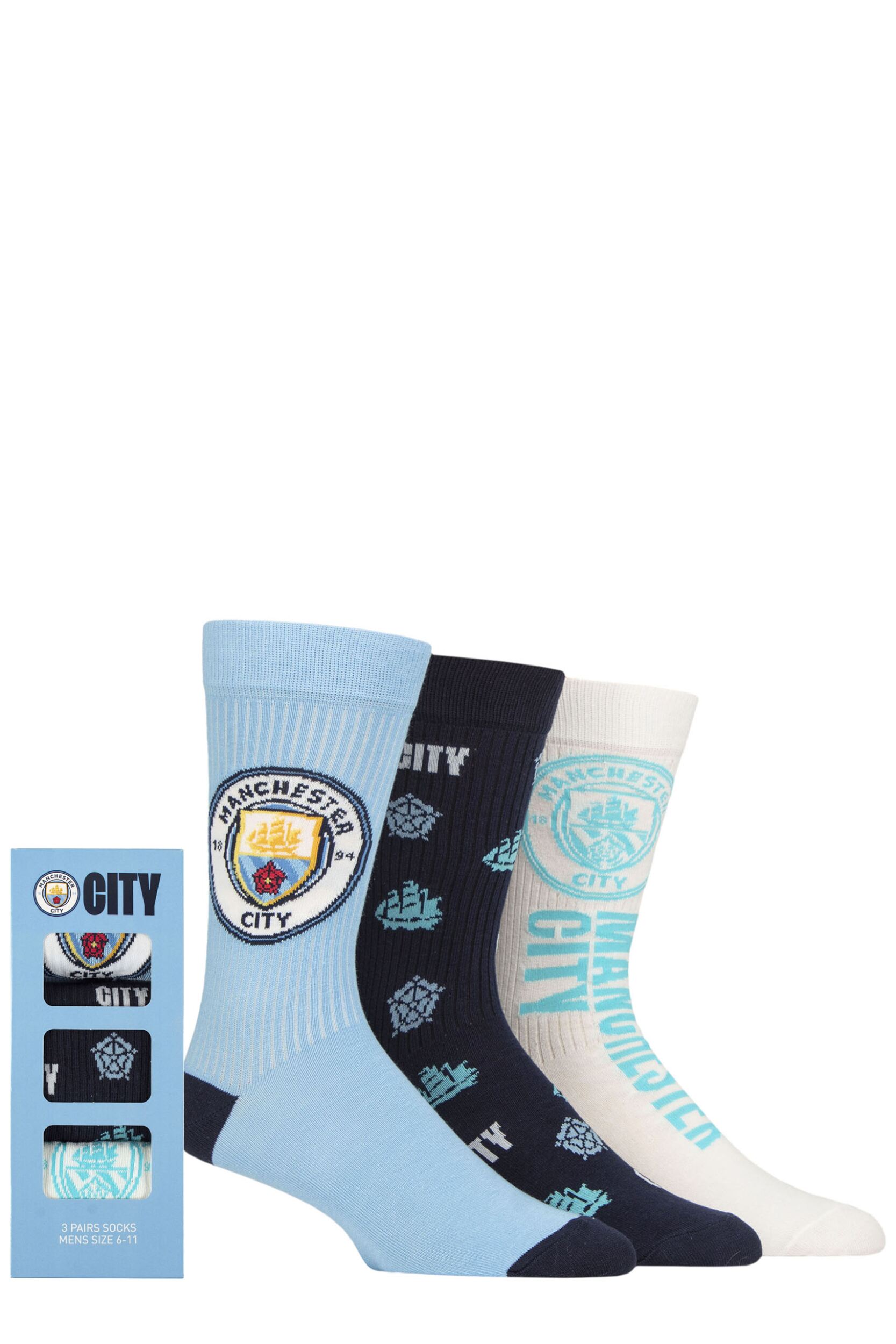 Image of Mens 3 Pair Manchester City Football Club Gift Boxed Cotton Socks Multi 6-11
