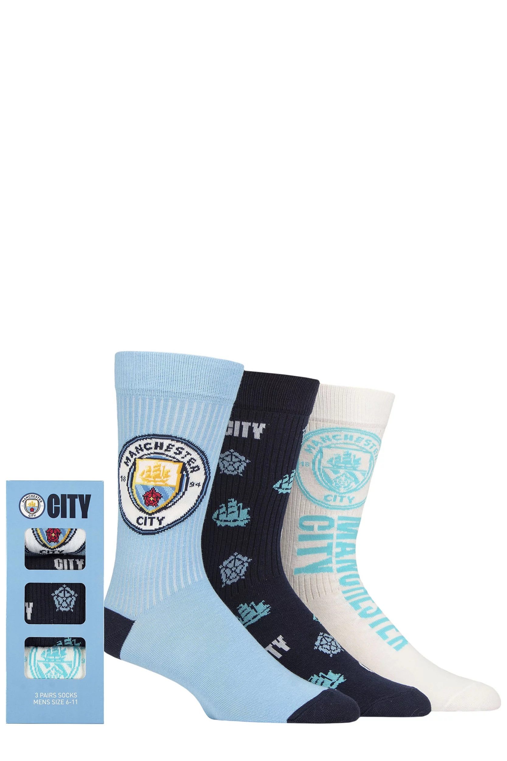 Mens 3 Pair Manchester City Football Club Gift Boxed Cotton Socks Multi 6