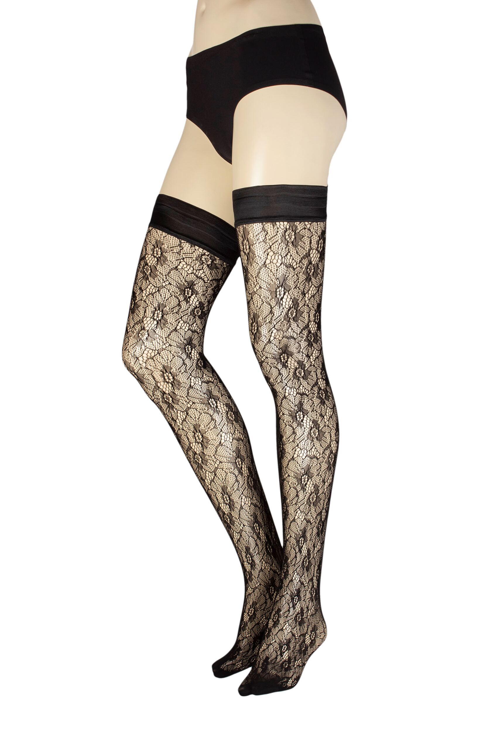 Women's 1 Pair Trasparenze Licorice Floral Net Hold Ups Black Small / Medium