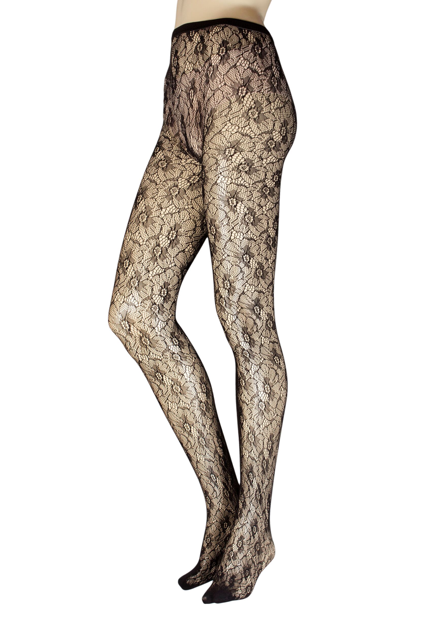 Ladies 1 Pair Trasparenze Licorice Floral Net Tights Black Large / Extra Large