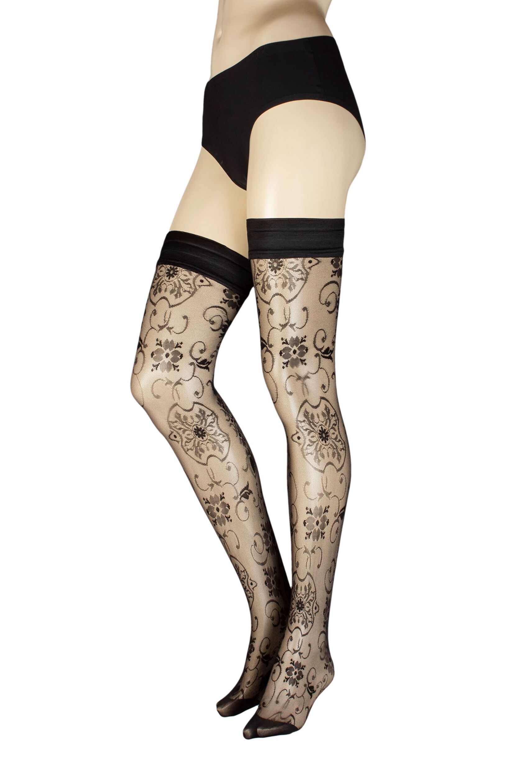 Women's 1 Pair Trasparenze Lisbona Floral Patterned Sheer Hold Ups Black Small / Medium