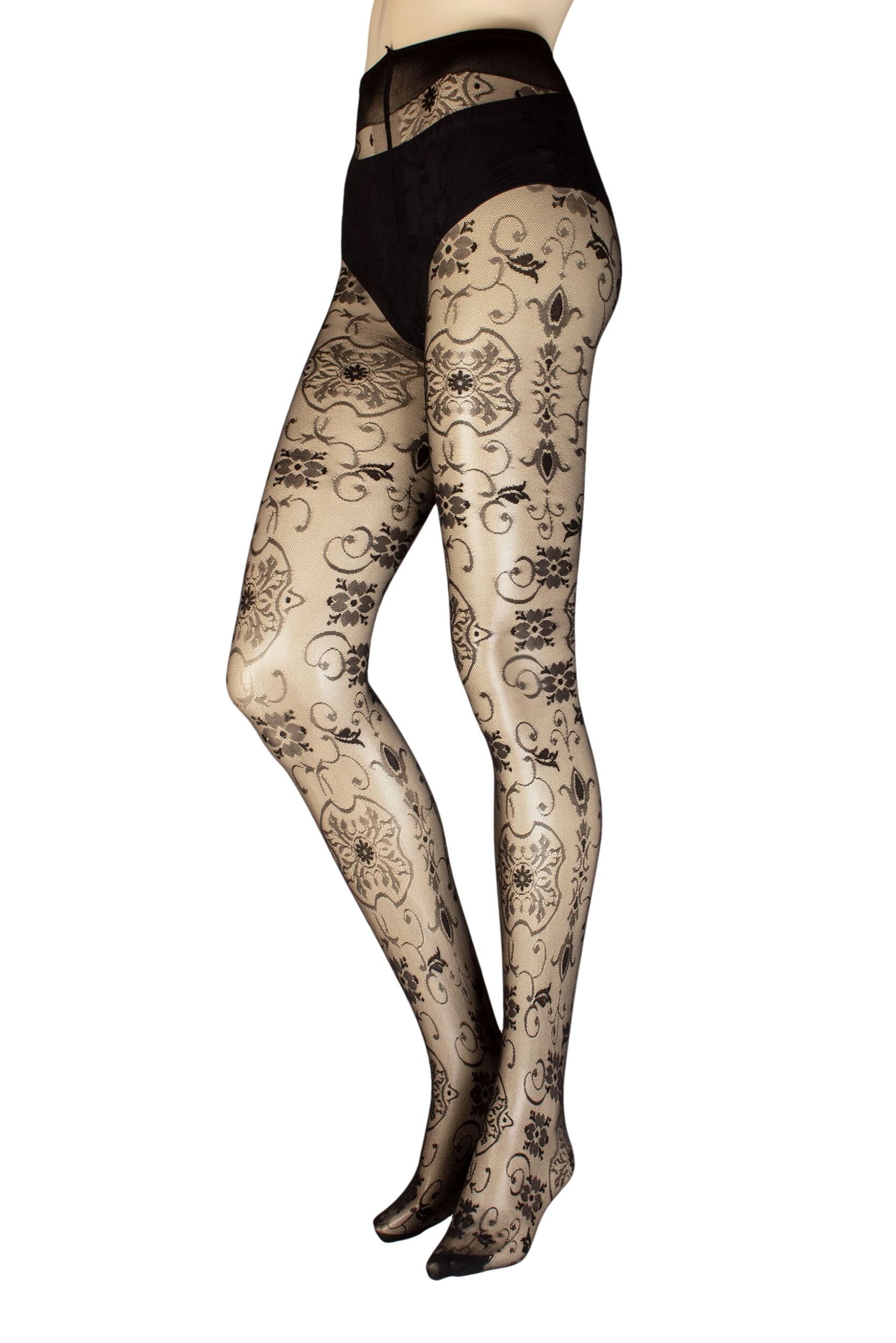Women's 1 Pair Trasparenze Lisbona Floral Patterned Sheer Tights Black Small