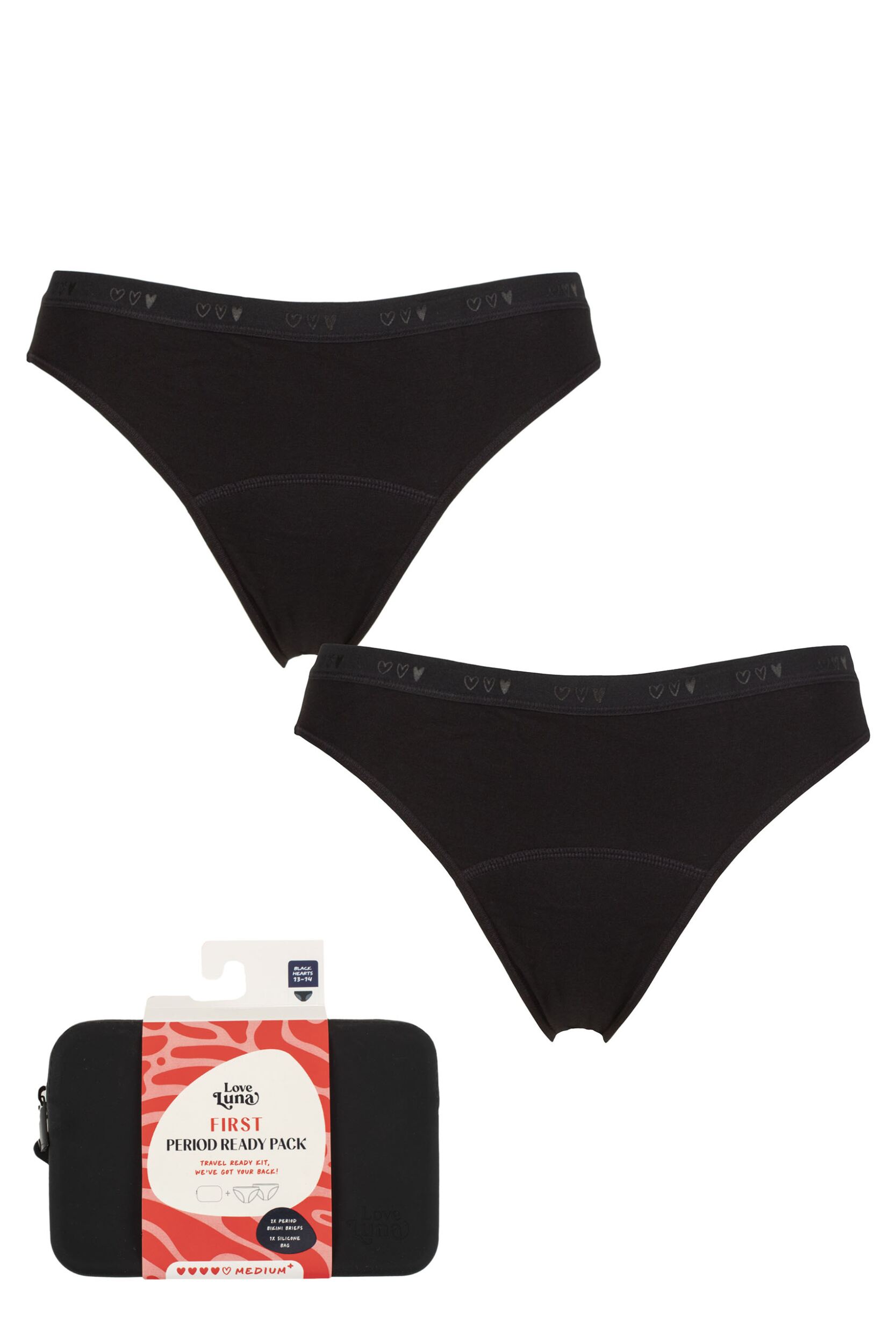 Image of Girls and Teens 2 Pack Love Luna First Period Bikini Briefs Ready Pack Black Age 11-12