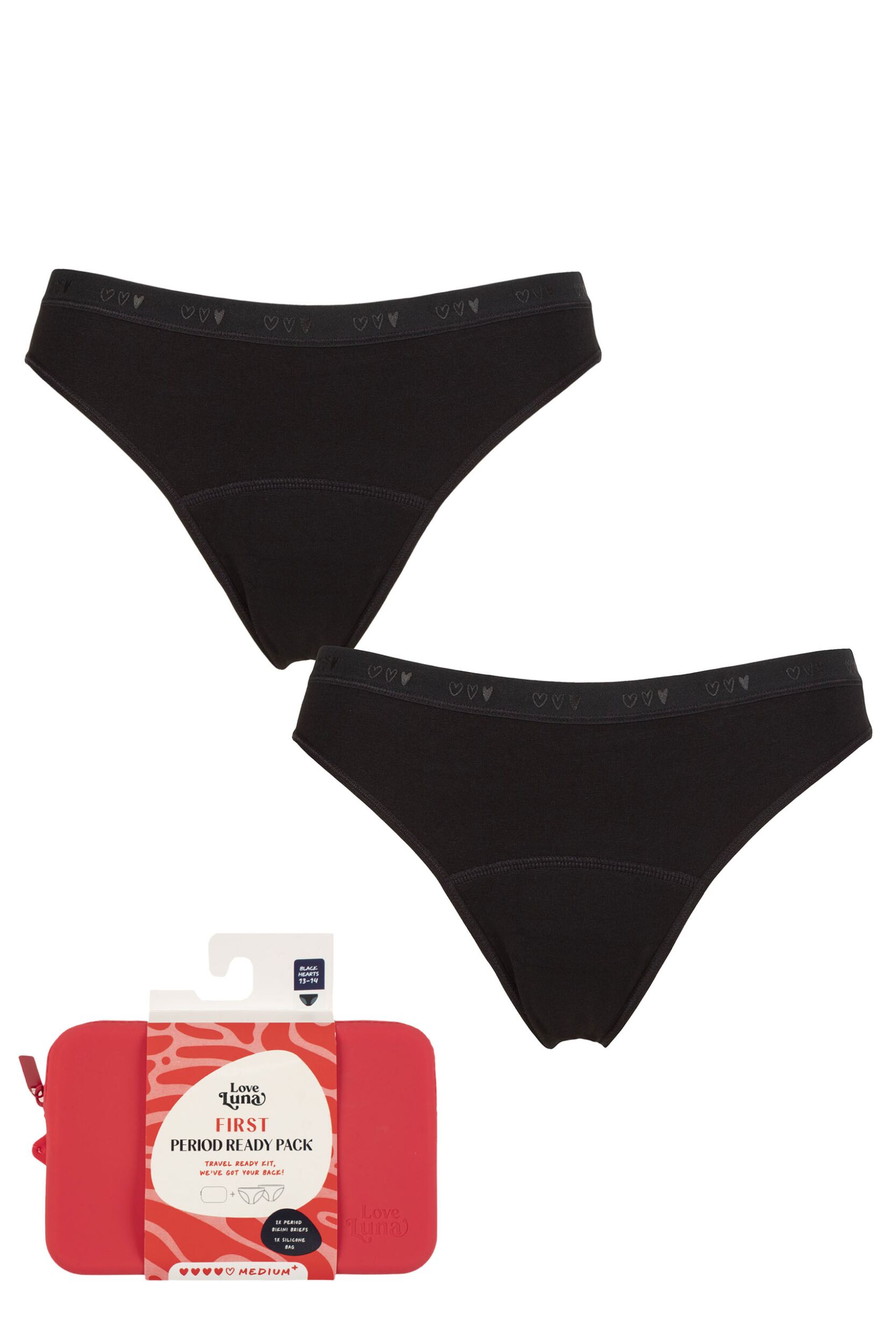 Girls and Teens 2 Pack Love Luna First Period Bikini Briefs Ready Pack Red Age 10-11