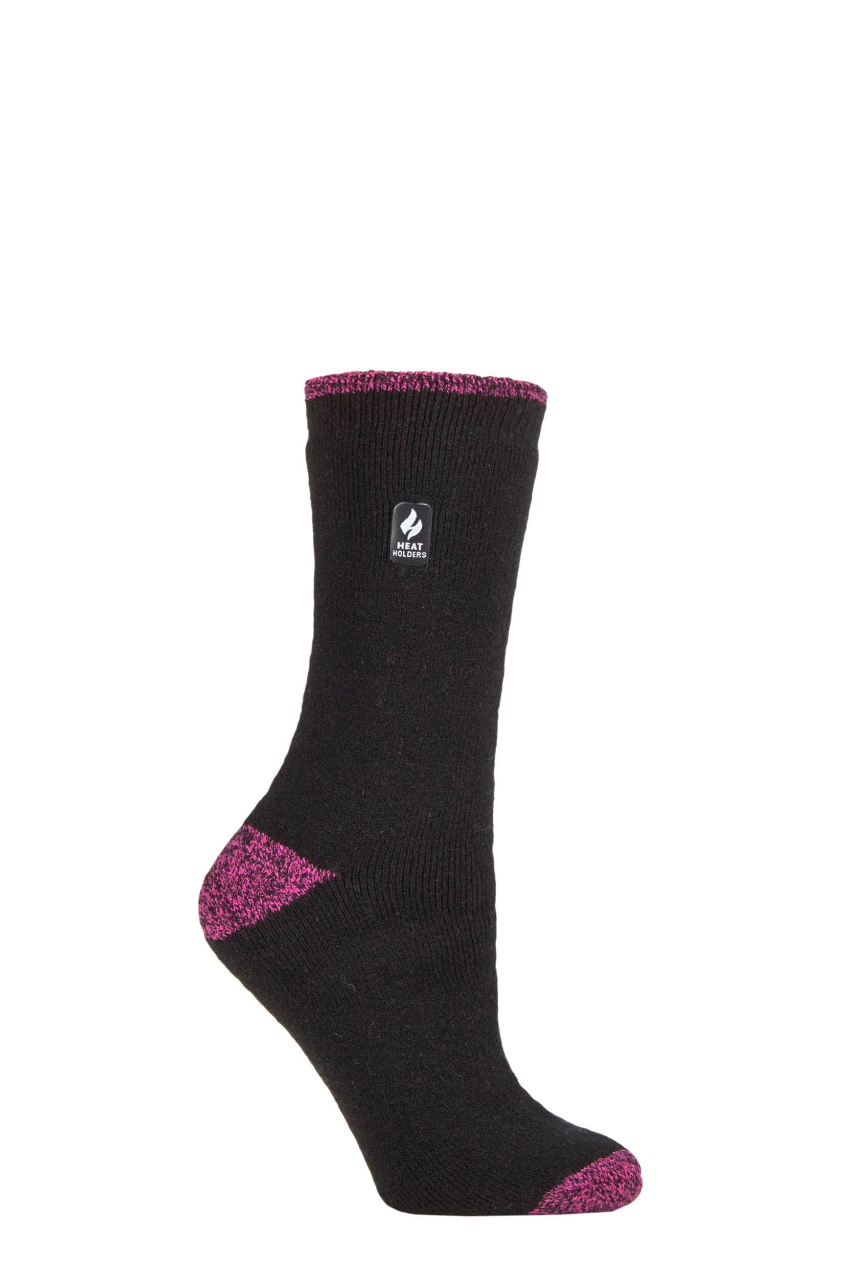 Women's 1 Pair SOCKSHOP Heat Holders 1.6 TOG Lite Patterned and Striped Socks Tenerife Heel & Toe Black / Berry 4-8 Ladies