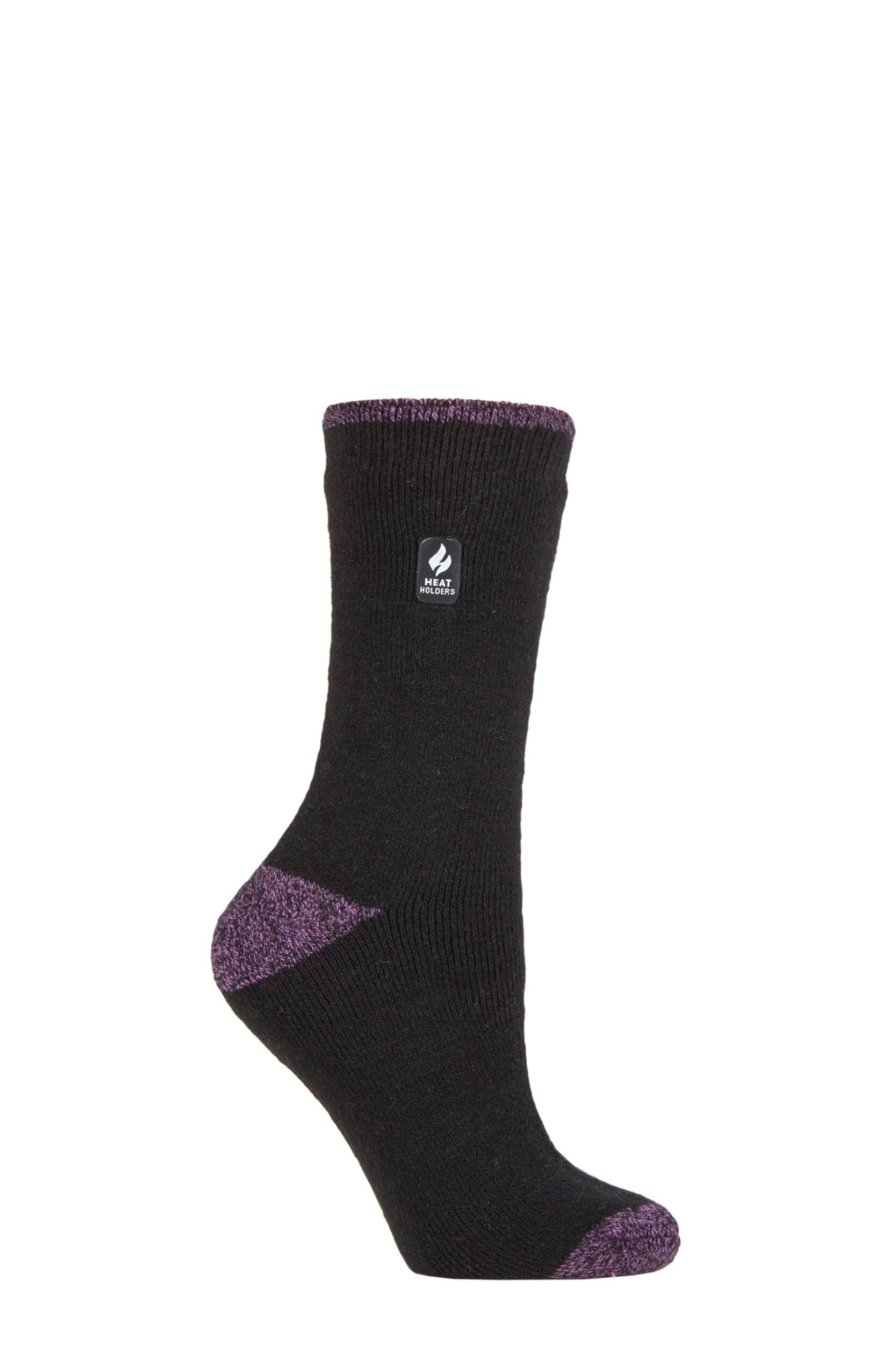 Women's 1 Pair SOCKSHOP Heat Holders 1.6 TOG Lite Patterned and Striped Socks Tenerife Heel & Toe Black / Purple 4-8 Ladies