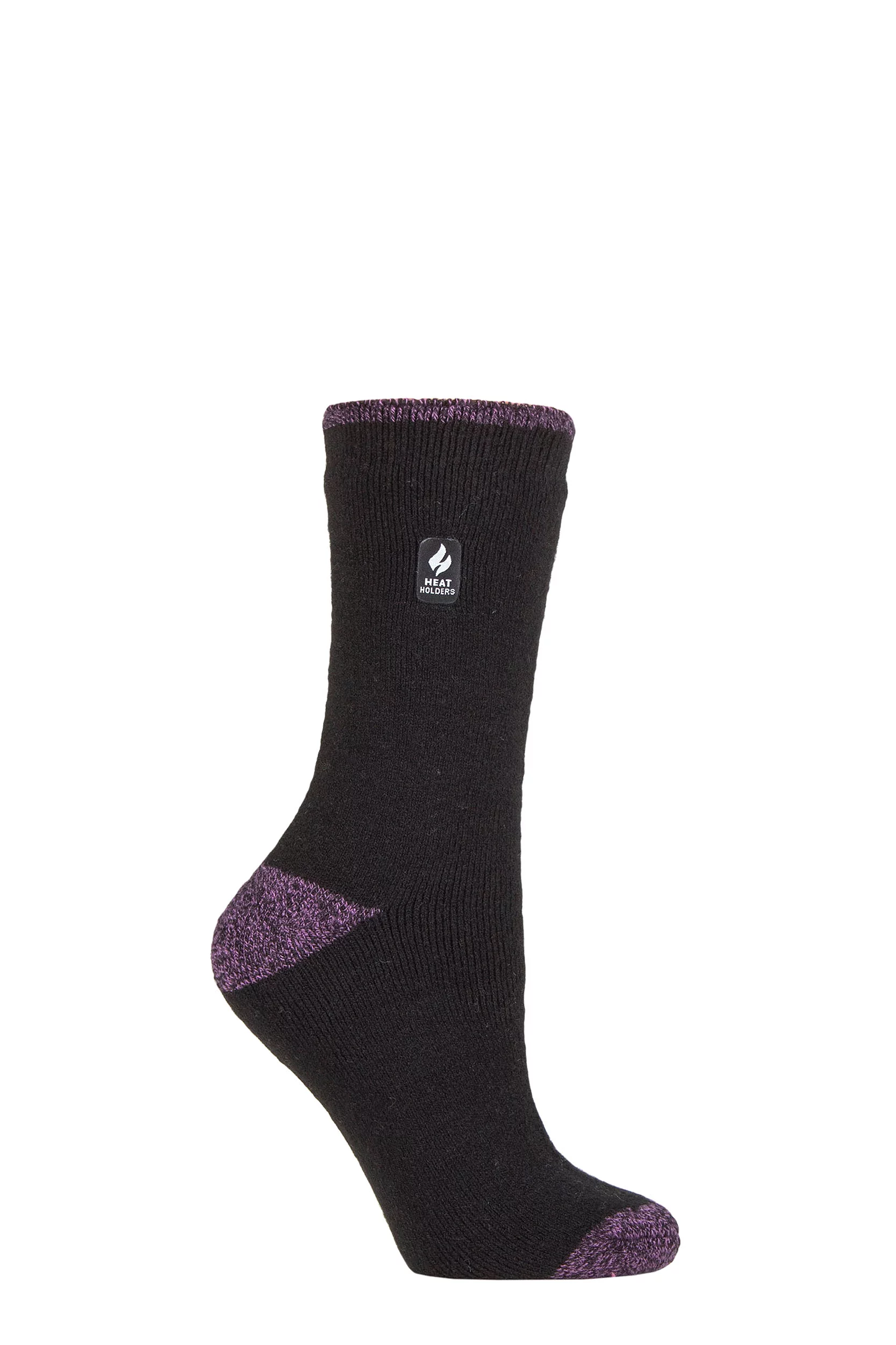 Women's 1 Pair SOCKSHOP Heat Holders 1.6 TOG Lite Patterned and Striped Socks Tenerife Heel & Toe Black / Purple 4-8 Ladies