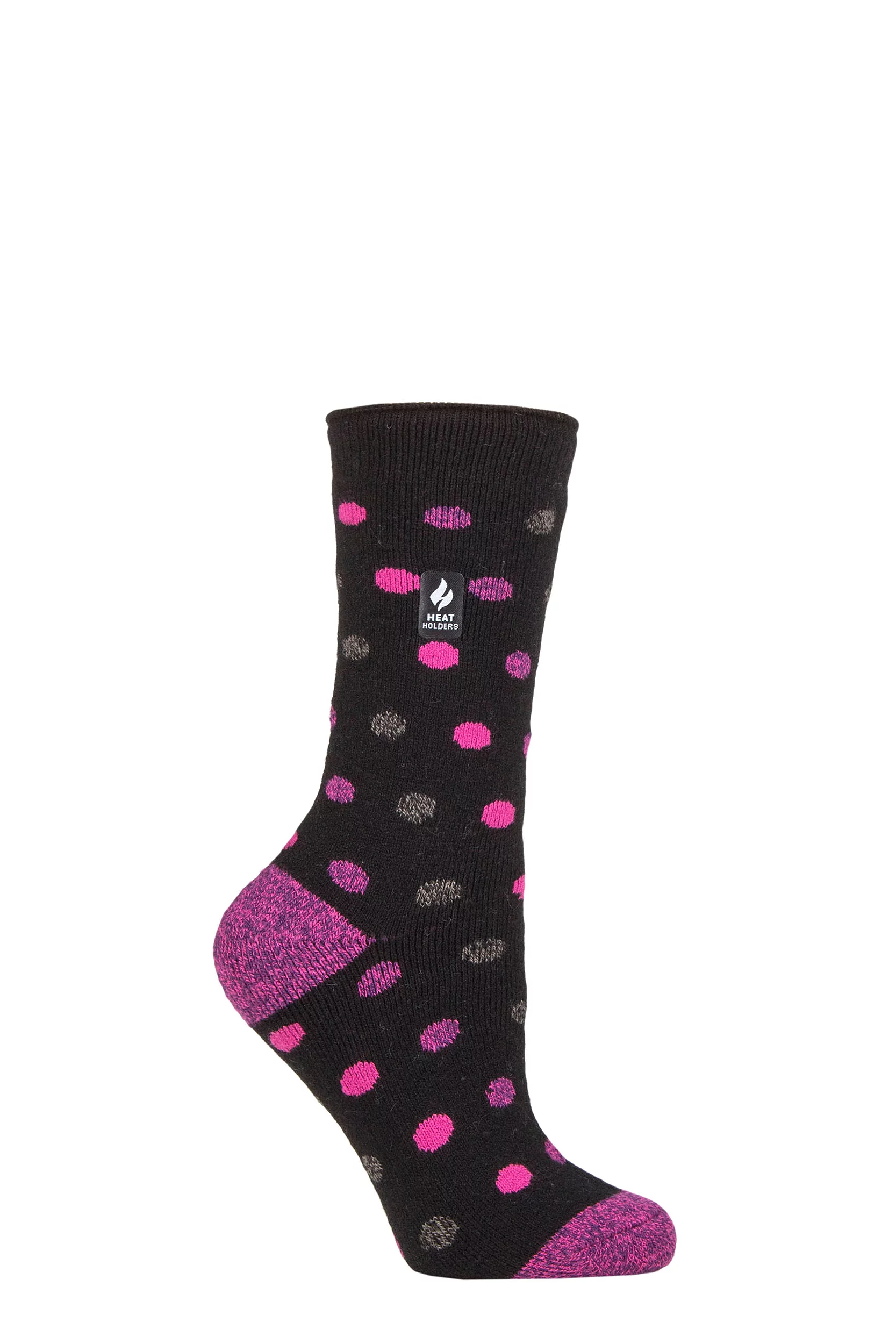 Women's 1 Pair SOCKSHOP Heat Holders 1.6 TOG Lite Patterned and Striped Socks Malaga Dots Black / Berry 4-8 Ladies