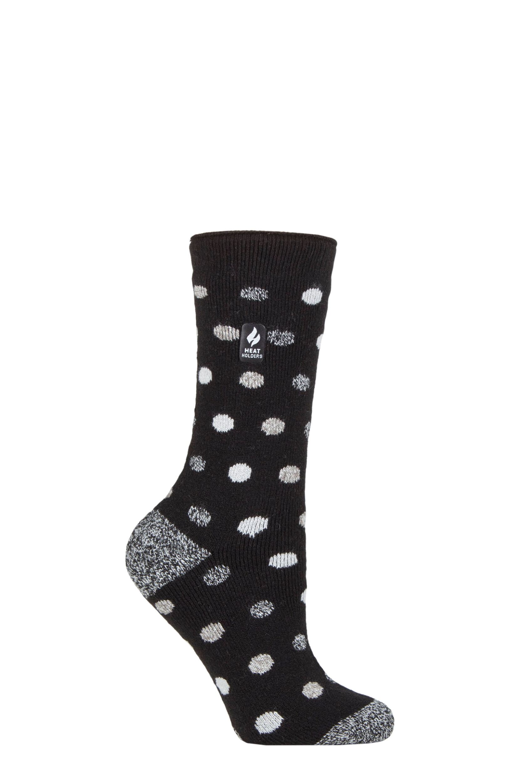 Women's 1 Pair SOCKSHOP Heat Holders 1.6 TOG Lite Patterned and Striped Socks Malaga Dots Black / White 4-8 Ladies