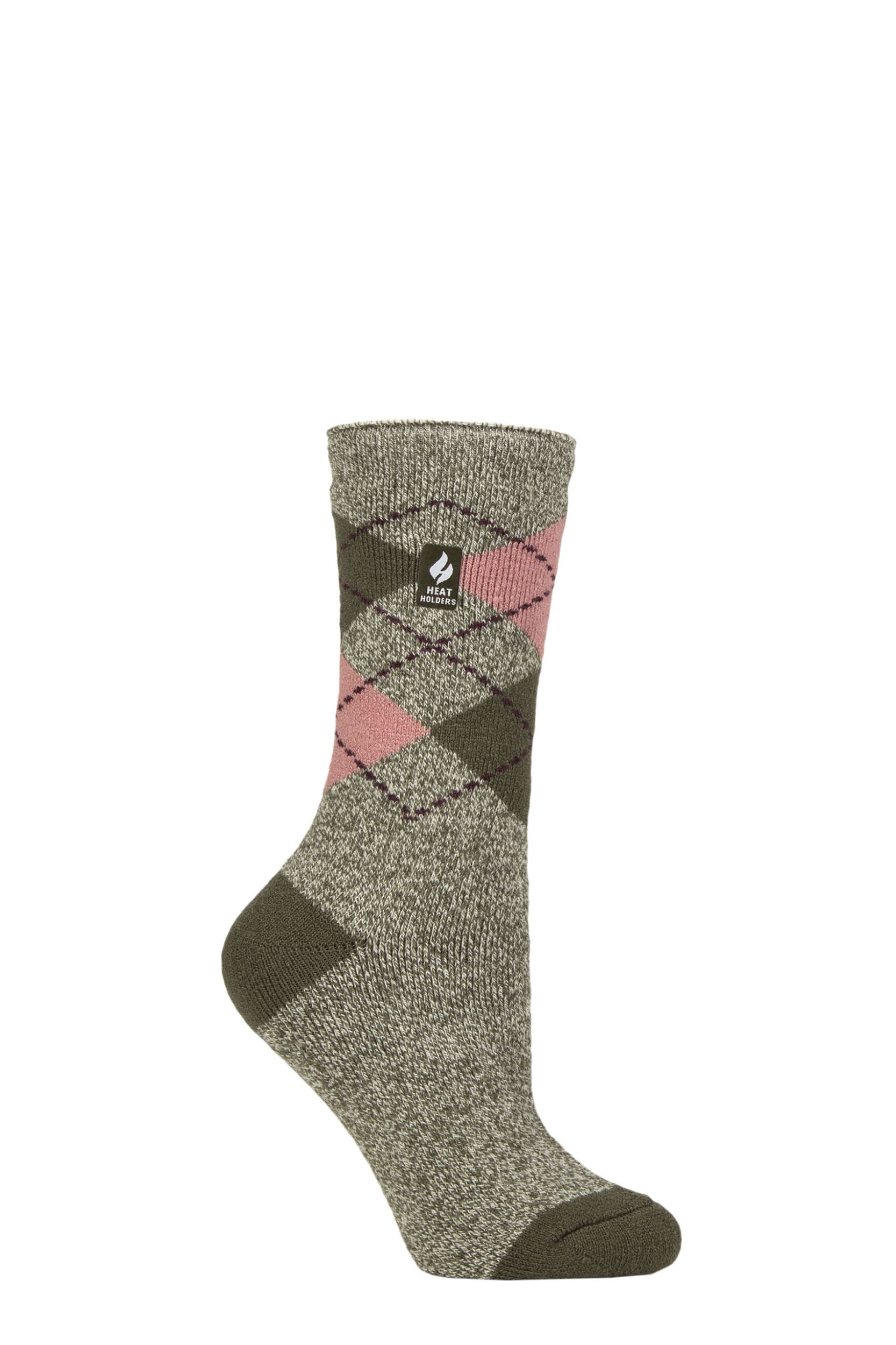 Women's 1 Pair SOCKSHOP Heat Holders 1.6 TOG Lite Patterned and Striped Socks Cali Olive / Cream 4-8