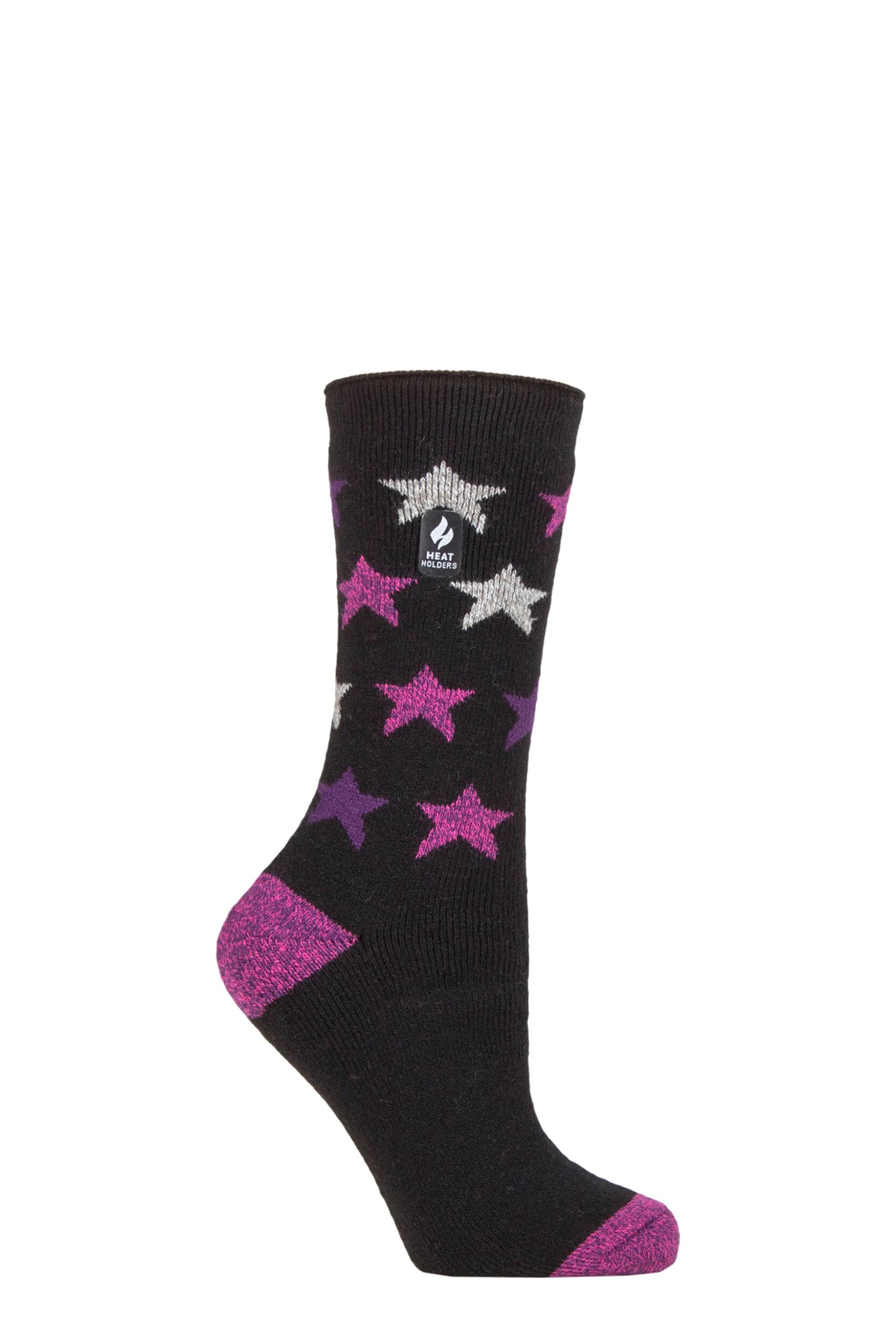 Women's 1 Pair SOCKSHOP Heat Holders 1.6 TOG Lite Patterned and Striped Socks Nice Stars Black 4-8 Ladies