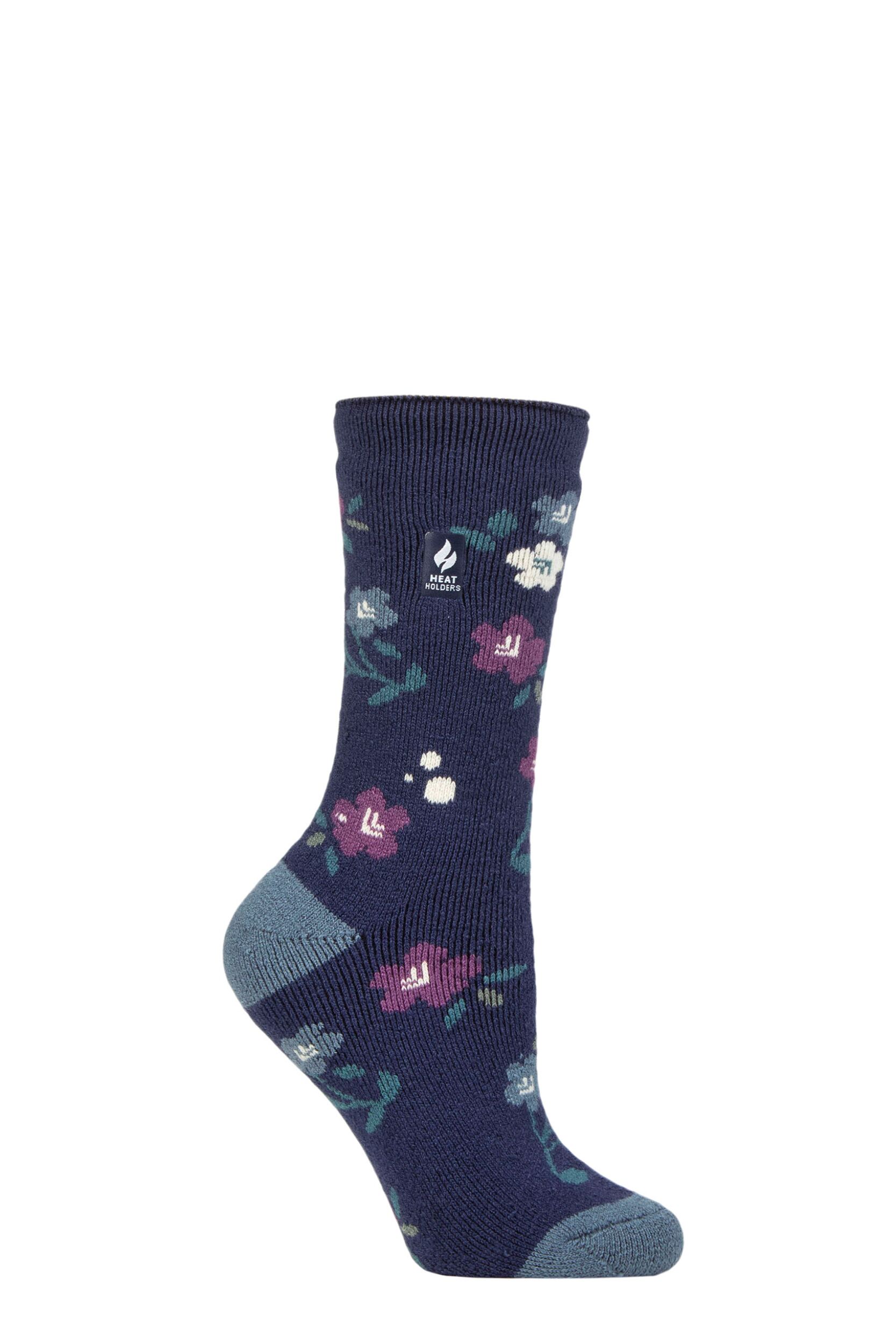 Women's 1 Pair SOCKSHOP Heat Holders 1.6 TOG Lite Patterned and Striped Socks Lanuza Floral Soft Navy 4-8
