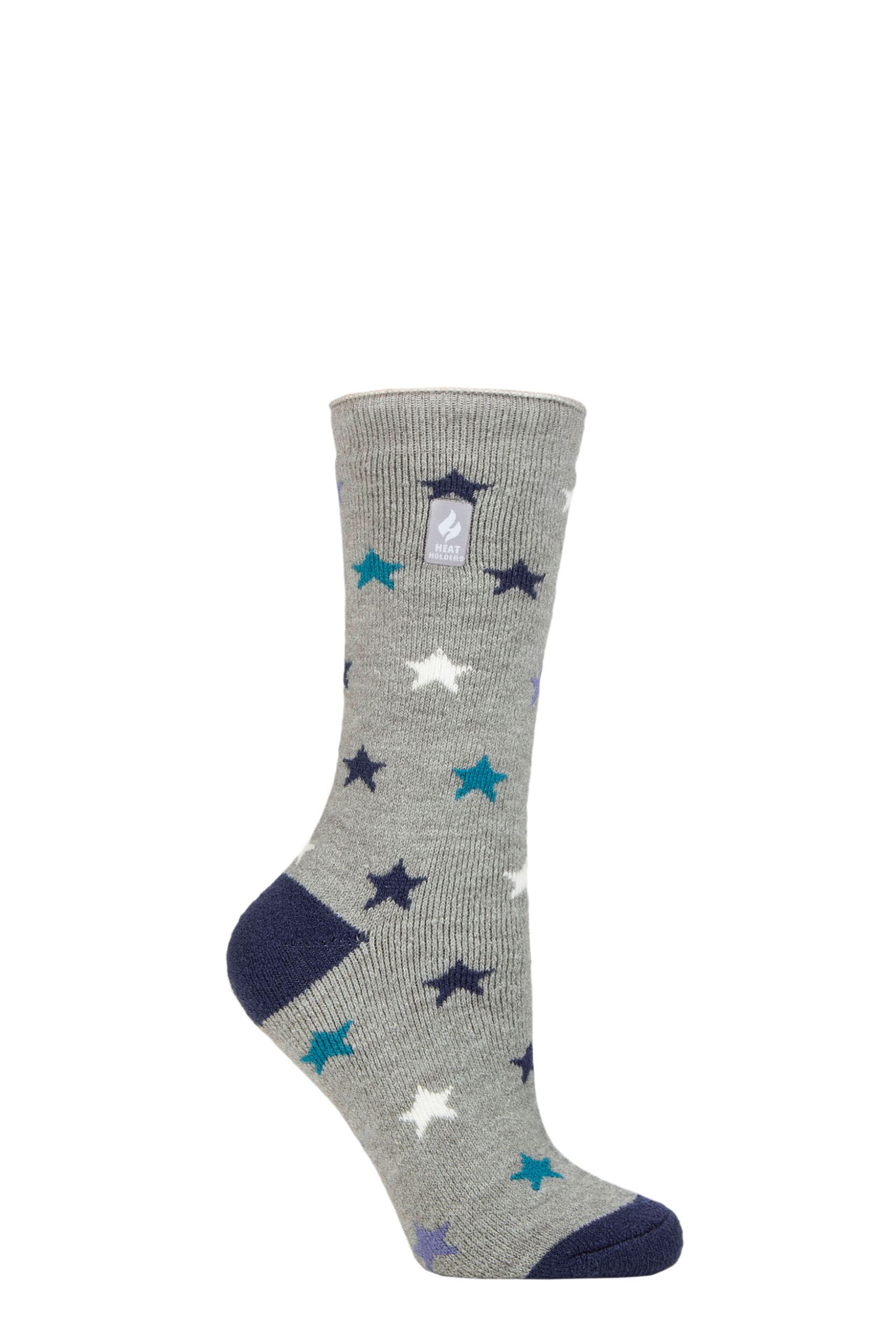 Women's 1 Pair SOCKSHOP Heat Holders 1.6 TOG Lite Patterned and Striped Socks Innsbruck Stars Grey 4-8