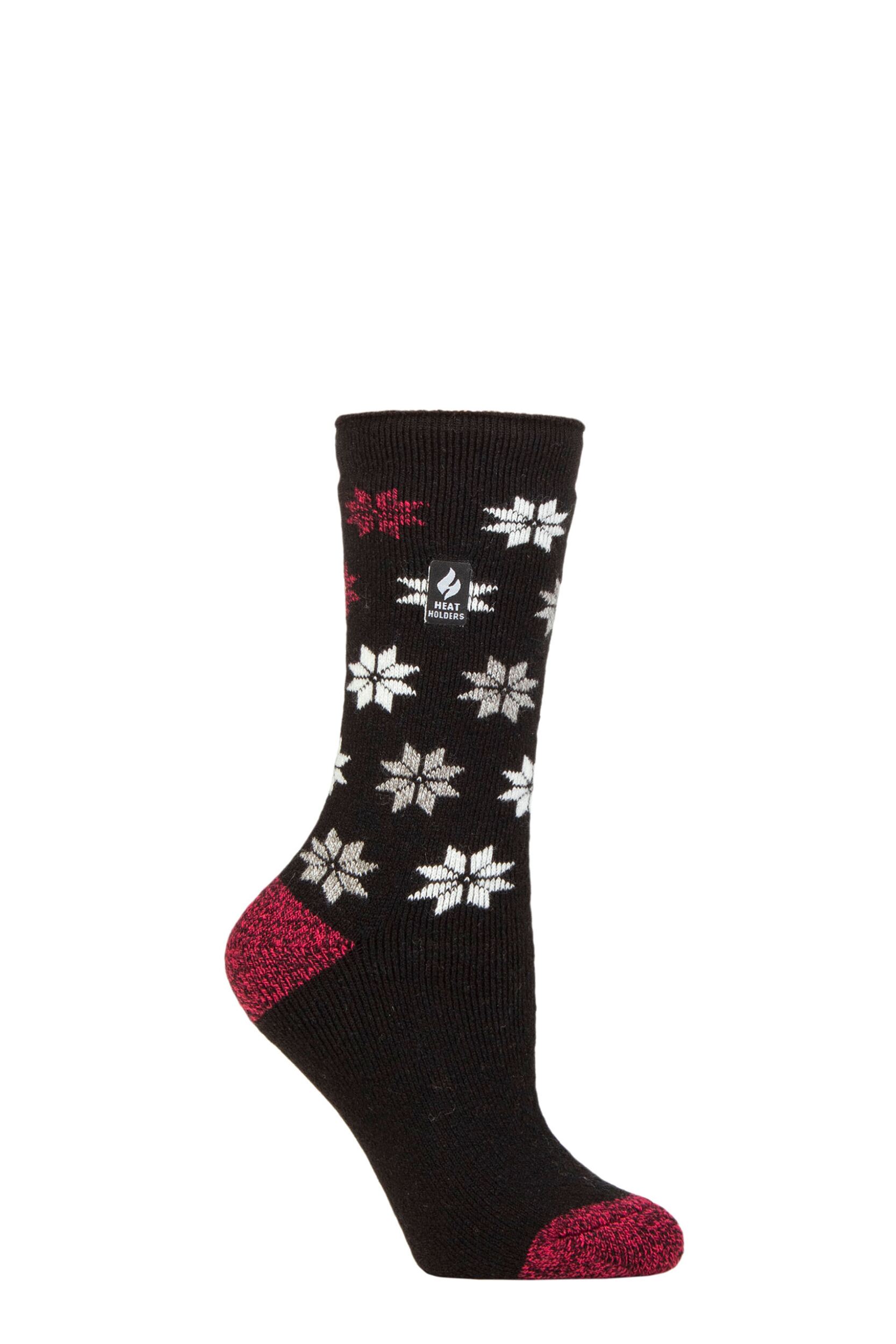 Women's 1 Pair SOCKSHOP Heat Holders 1.6 TOG Lite Patterned and Striped Socks St Moritz Snowflake Fairisle Black 4-8