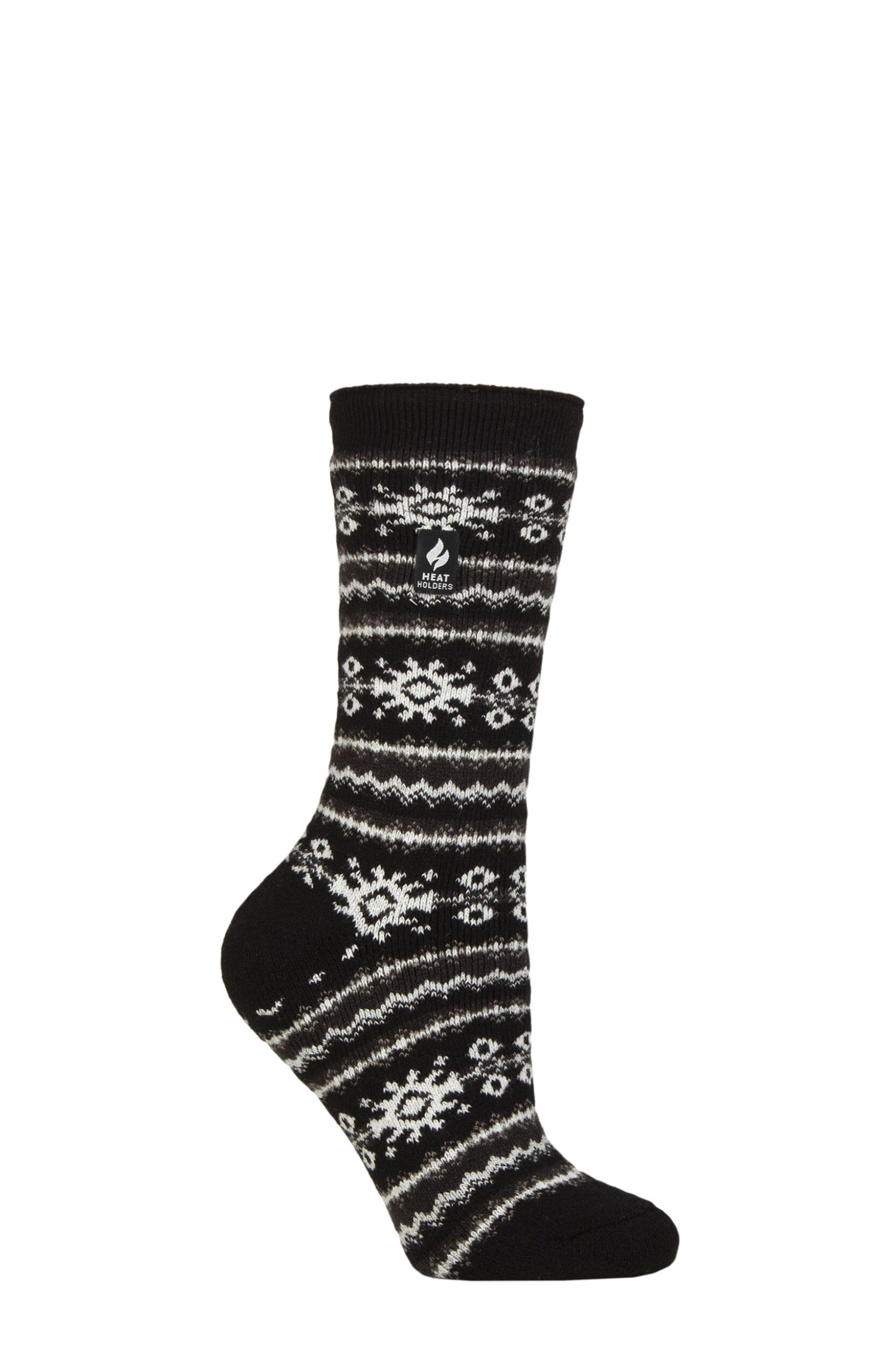 Women's 1 Pair SOCKSHOP Heat Holders 1.6 TOG Lite Patterned and Striped Socks Fairisle Black / Charcoal 4-8