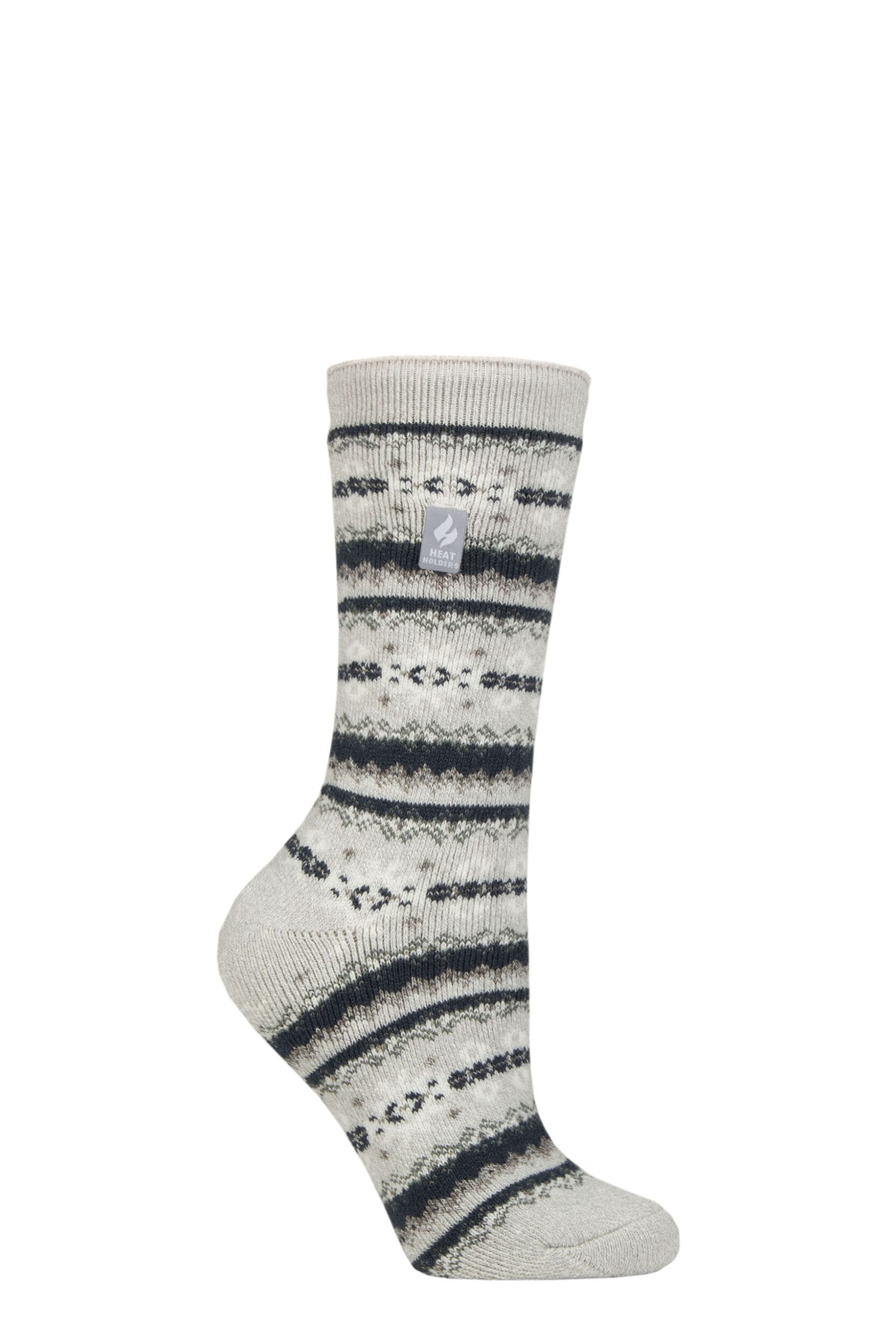 Women's 1 Pair SOCKSHOP Heat Holders 1.6 TOG Lite Patterned and Striped Socks Fairisle Light Grey Twist / Blue 4-8