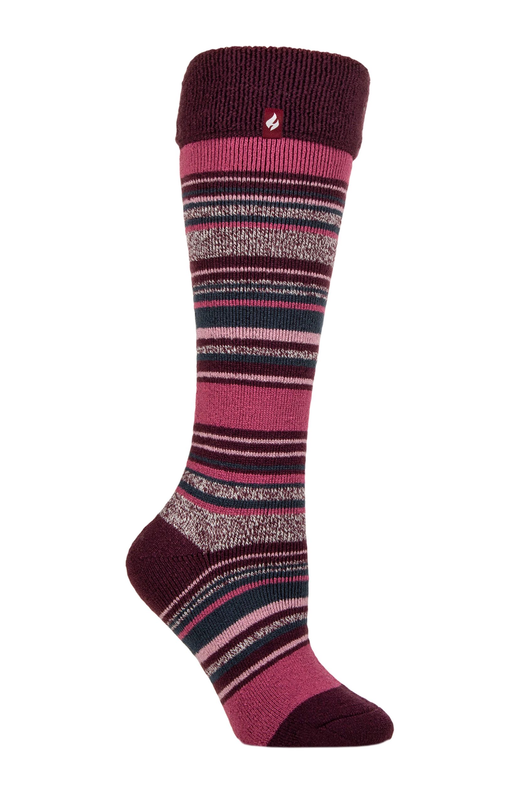 Women's 1 Pair SOCKSHOP Heat Holders Equestrian Collection 1.6 TOG Lite Thermal Wellington Boot Socks Daphne Stripe Cabernet 4-8