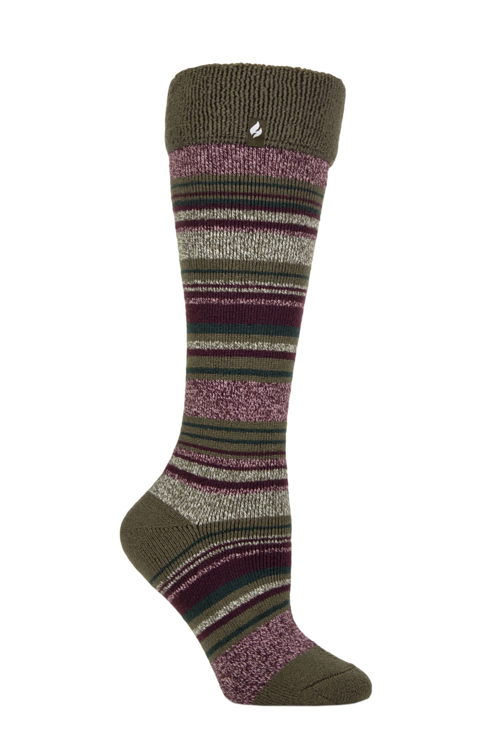 Image of Women's 1 Pair SOCKSHOP Heat Holders Equestrian Collection 1.6 TOG Lite Thermal Wellington Boot Socks Daphne Stripe Olive 4-8