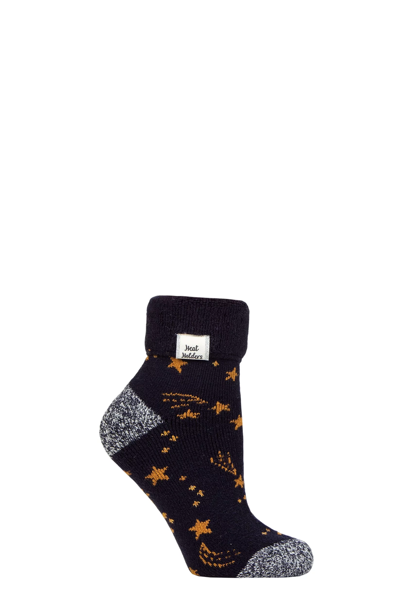 Women's 1 Pair SOCKSHOP Heat Holders Turn Over Cuff Sleep Lite Socks Navy / Gold Stars 4